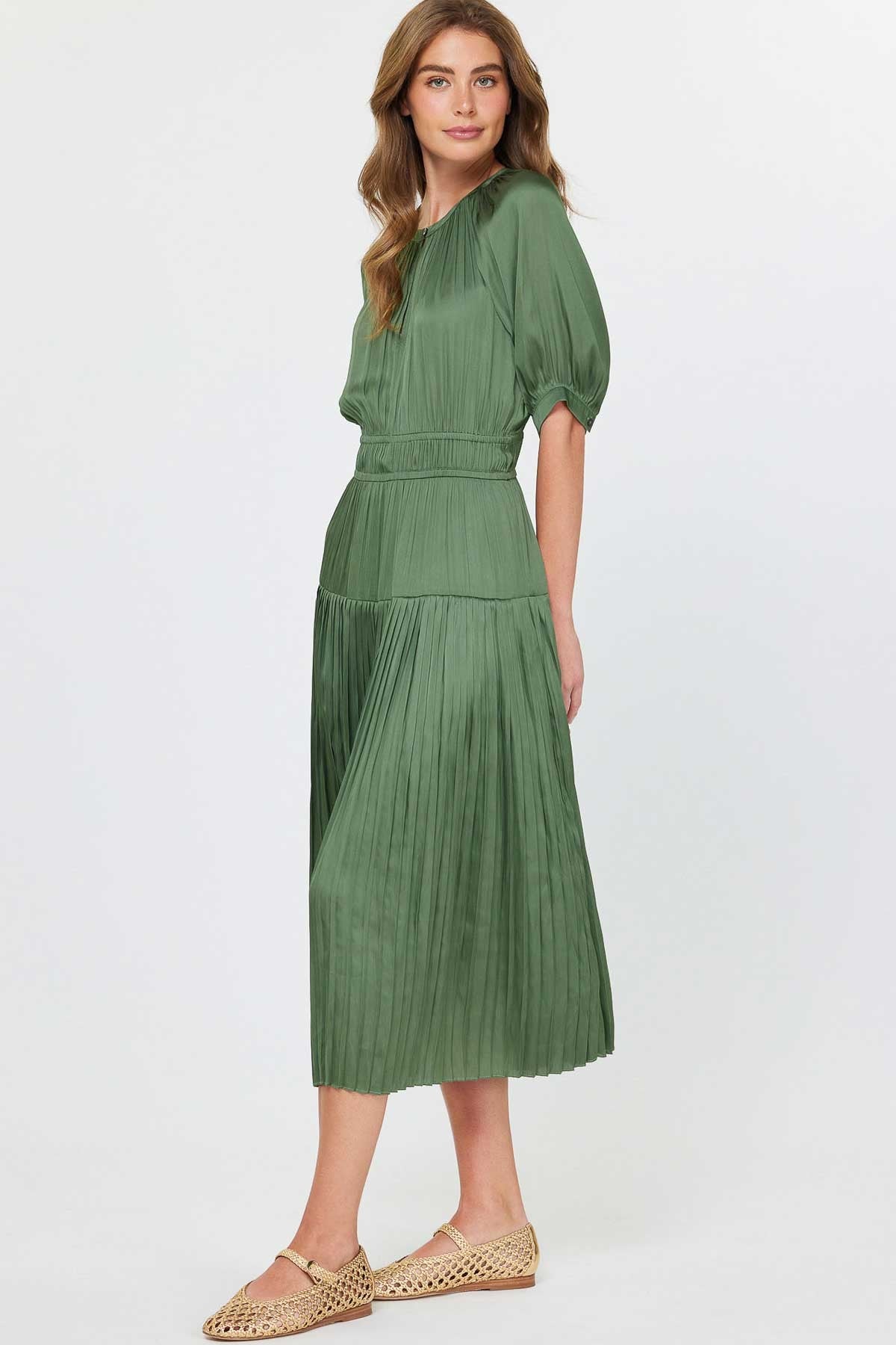 NYLAND Oriana Split Neck Midi Dress with Pleat Skirt Dusty Green