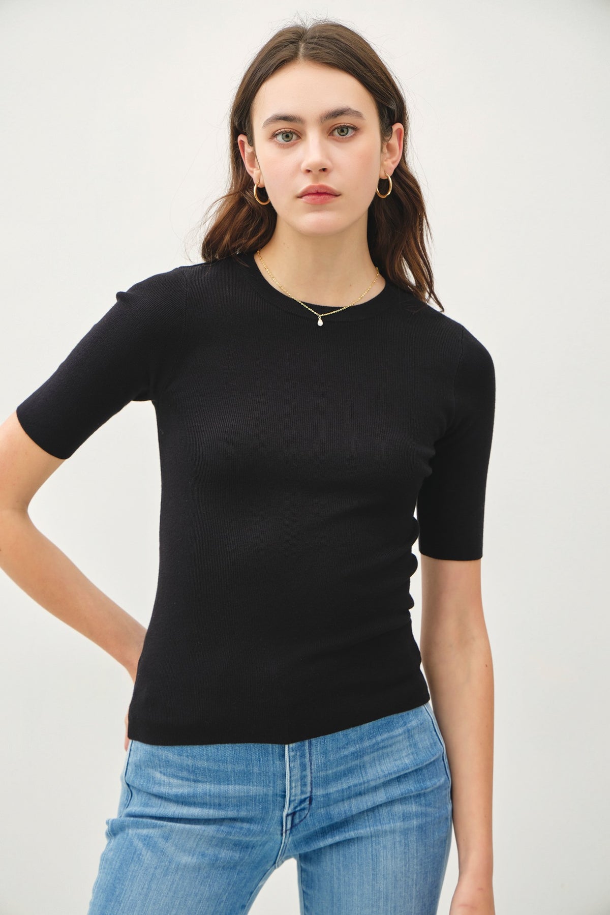NYLAND Zenna Half Sleeve Rib Knit Top Black