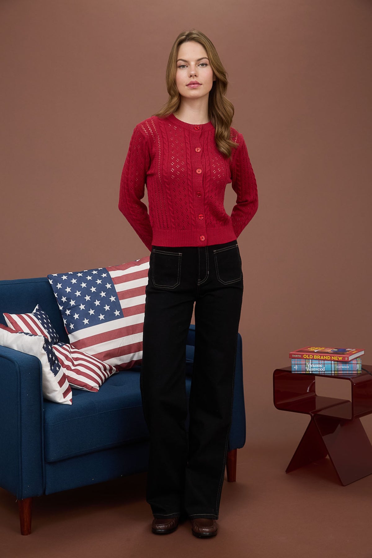 NYLAND Laidie Sheer Cable Knit Long Sleeve Button Down Cardigan