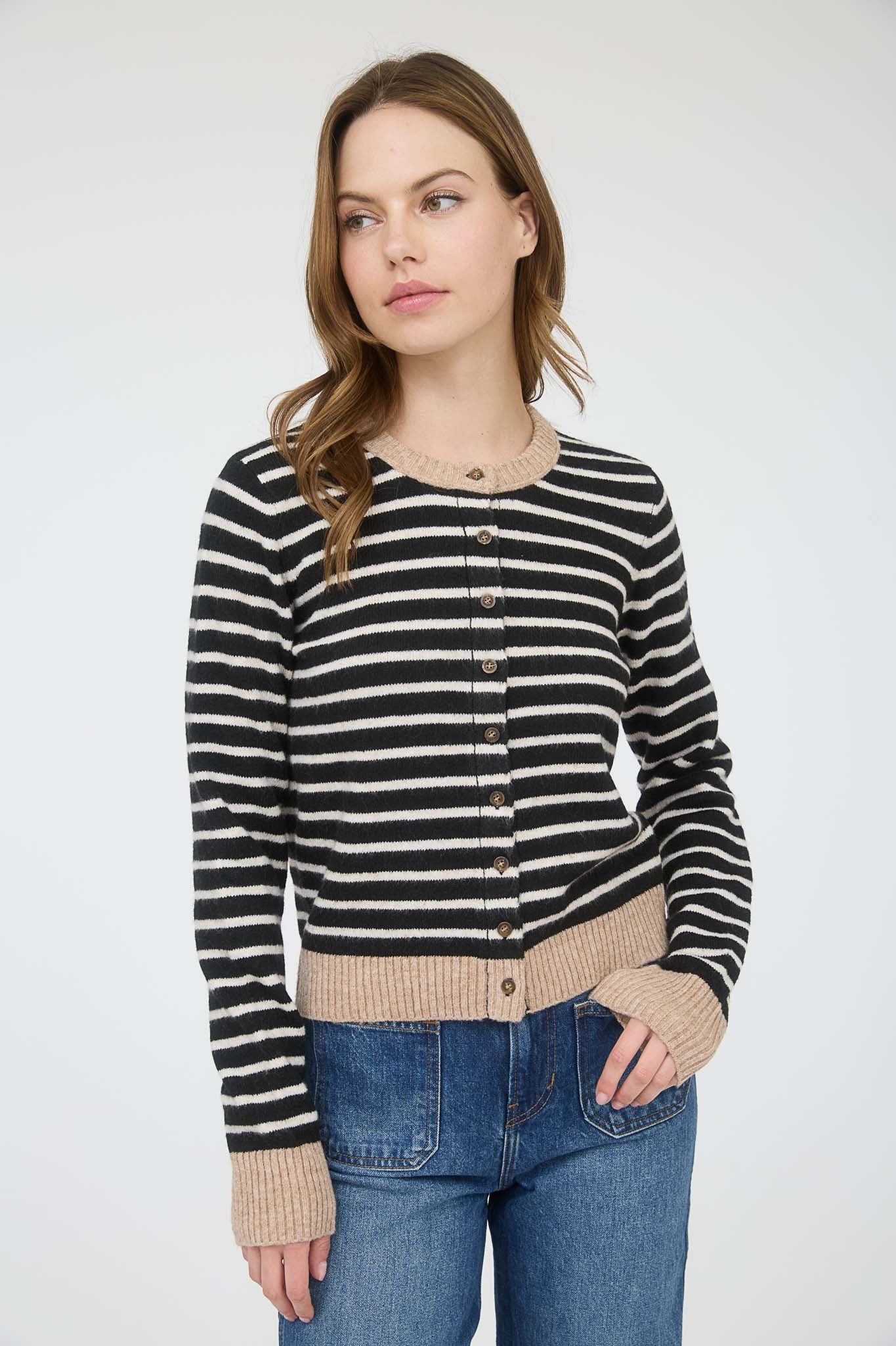 NYLAND Eisley Stripe Colorblock Trim Knit Cardigan in Black