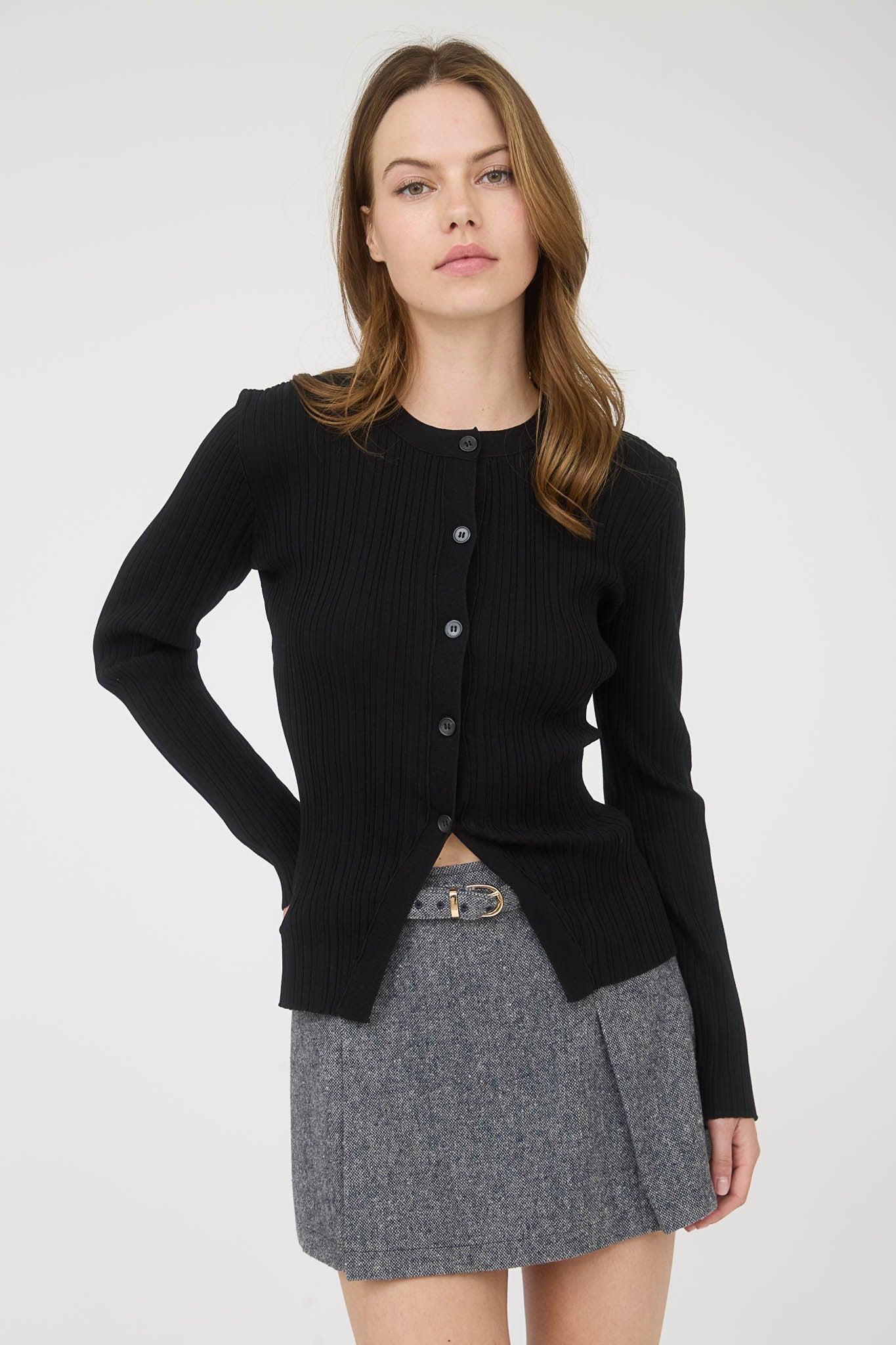 NYLAND Lockie Stripe Knit Pattern Button Down Split Hem Cardigan Black