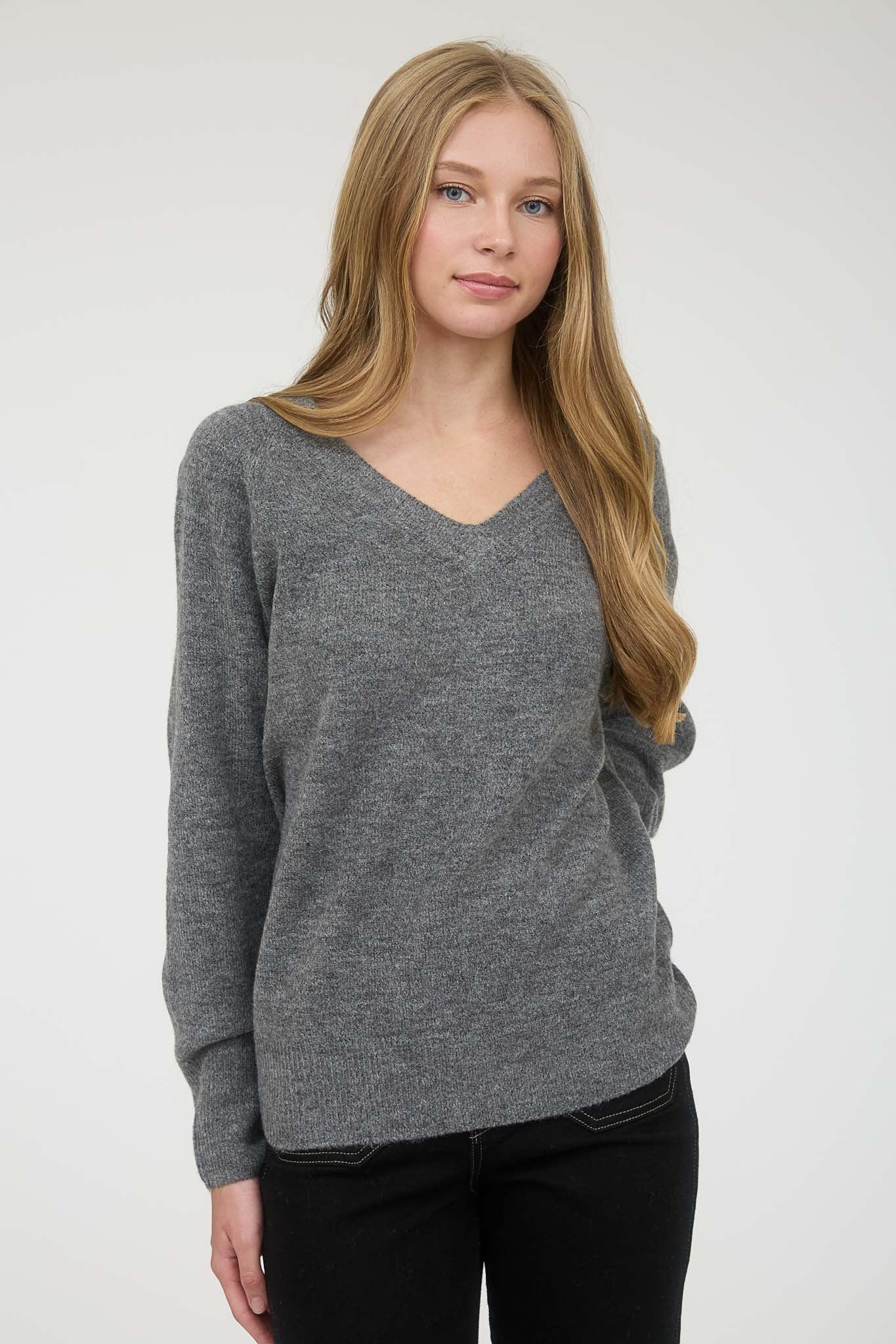 NYLAND Lobelie V-Neck Long Sleeve Knit Pullover Sweater Charcoal