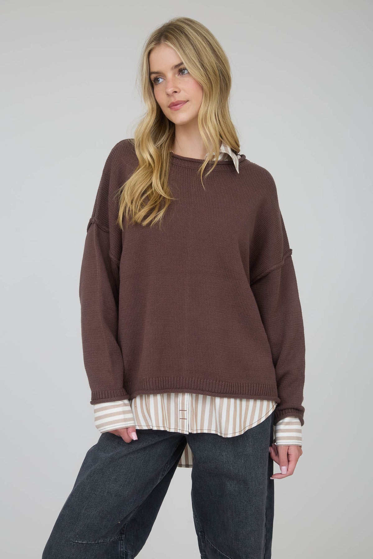 NYLAND Leopoldine Raw Edge Extended Shoulder Long Sleeve Sweater