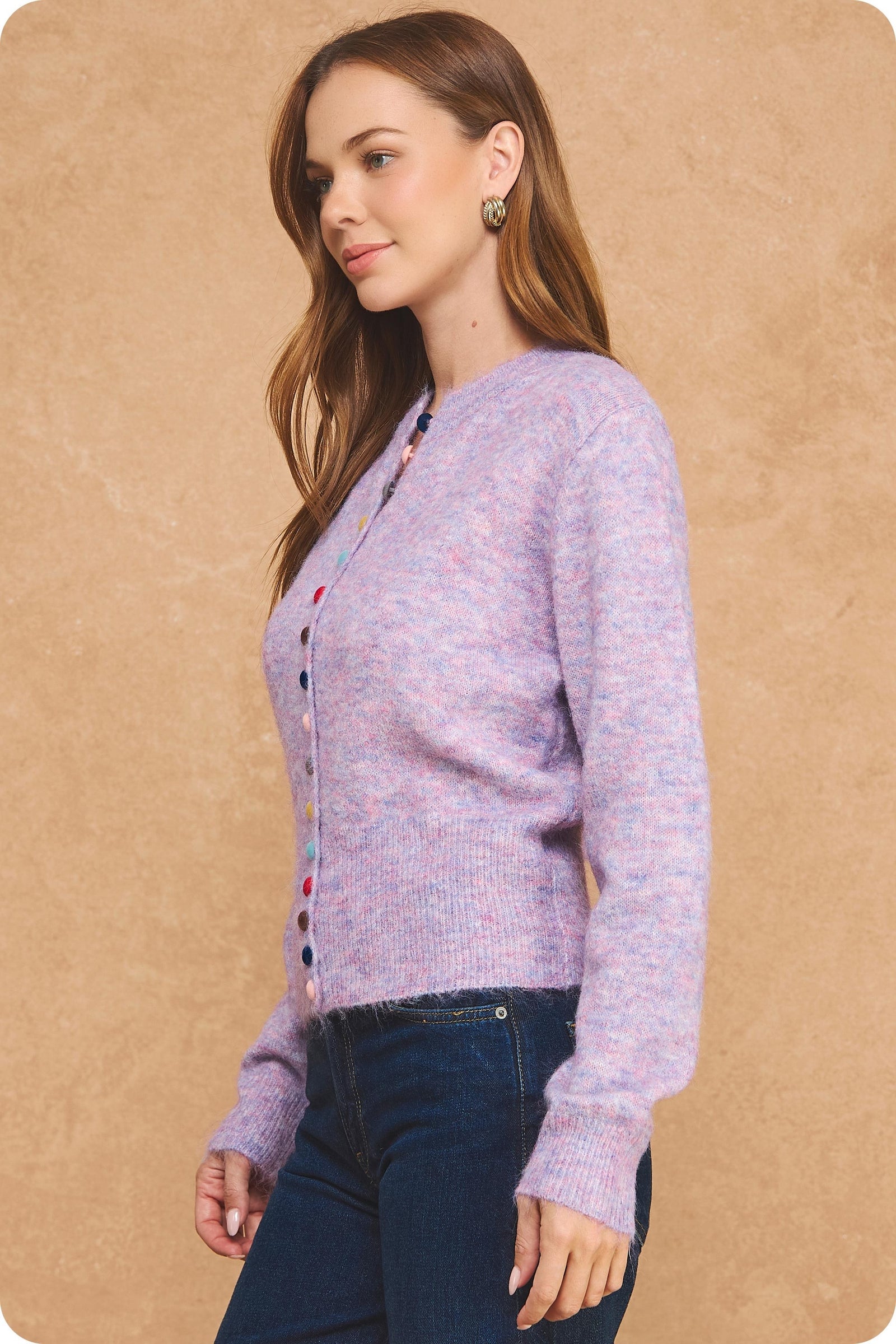 NYLAND Rya Multi Colored Button Cardigan in Lilac