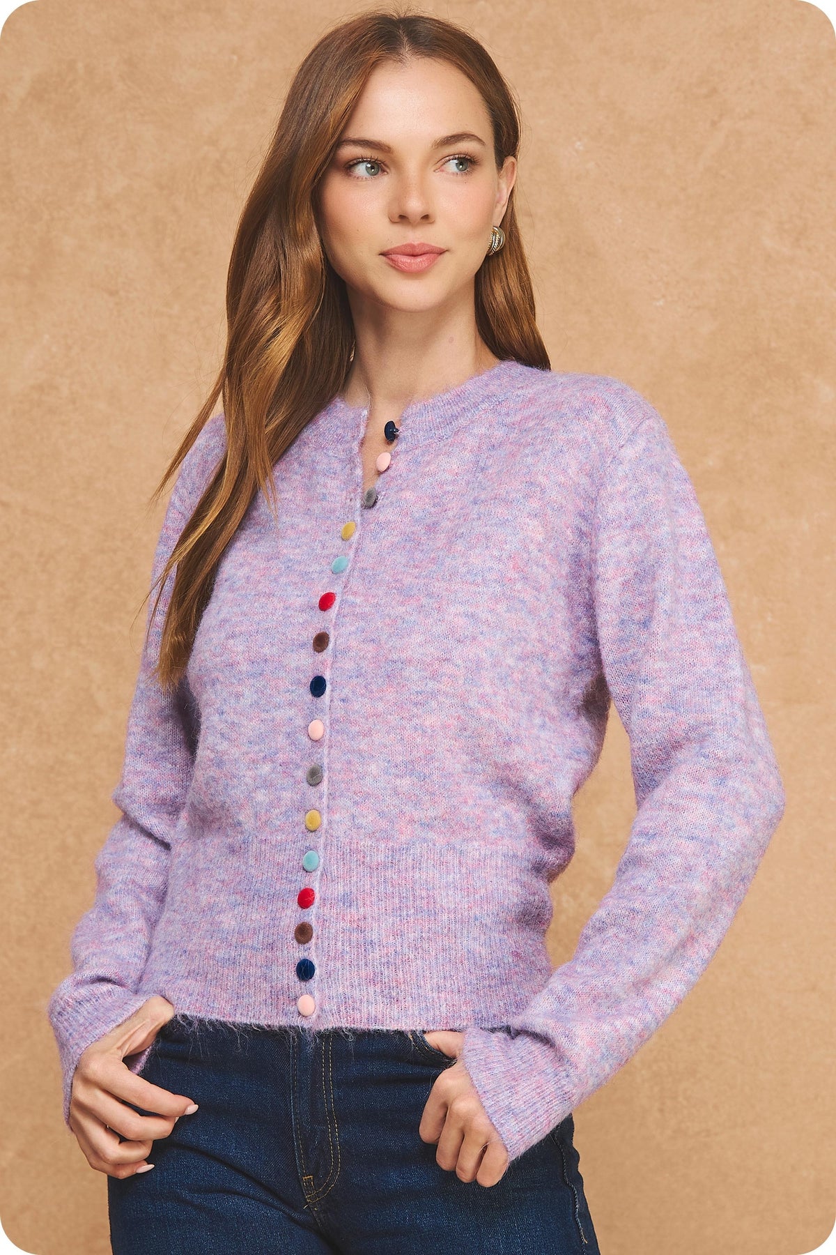 NYLAND Rya Multi Colored Button Cardigan in Lilac