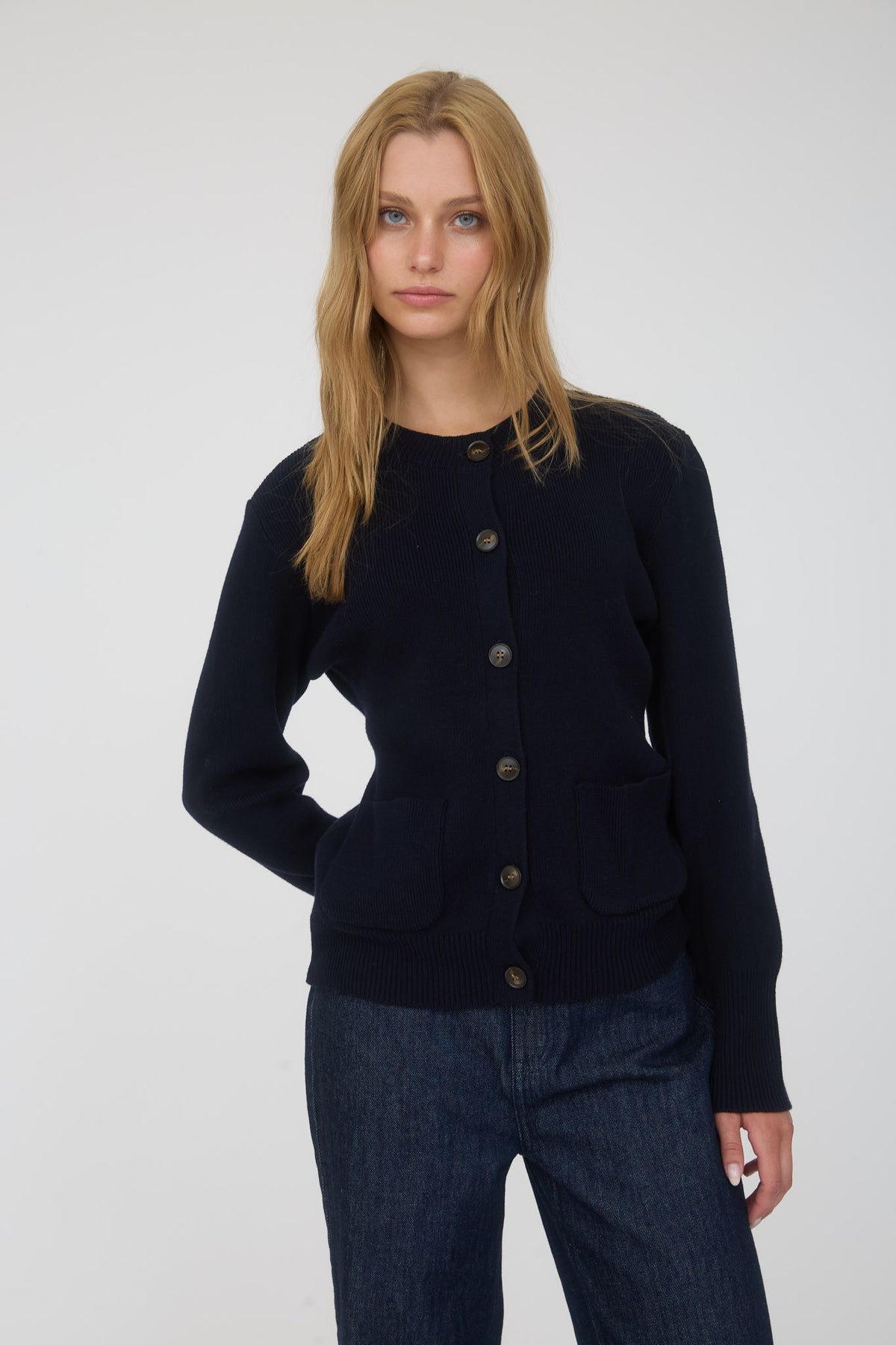 Nyland Artemisia Round Neck Pocket Detail Knit Cardigan in Navy