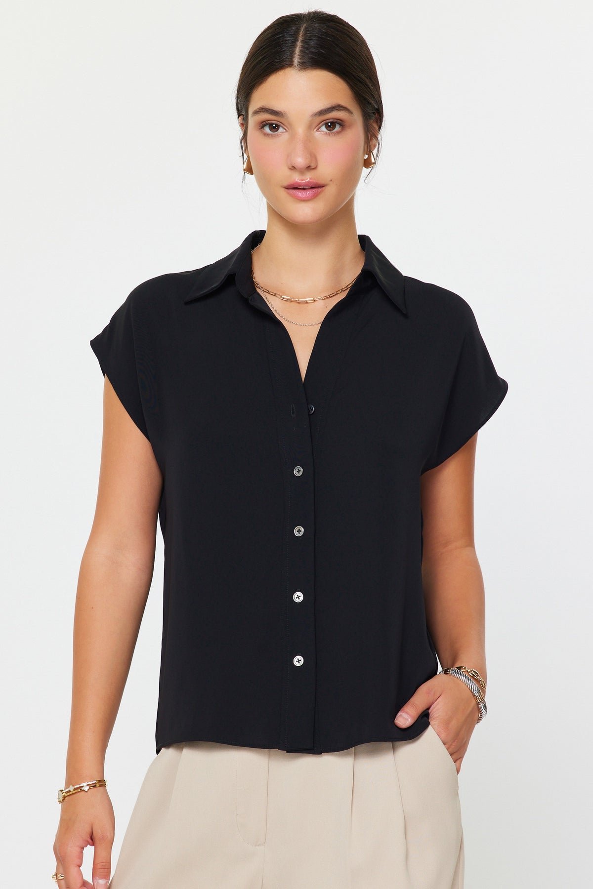 NYLAND Bella Cap-Sleeve Button Down Blouse Black