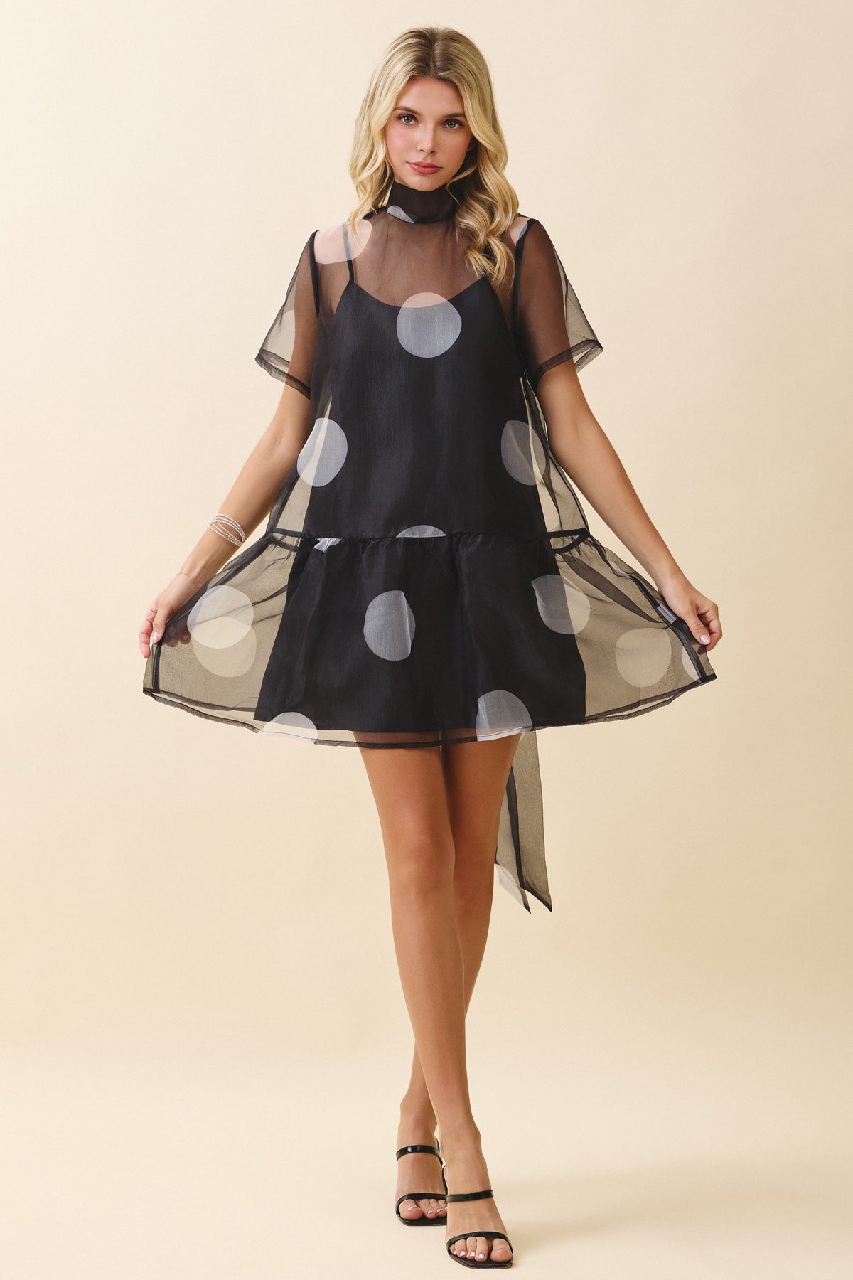 Nyland Giada Sheer Polka Dot High Neckline Self Bow Tie Dress