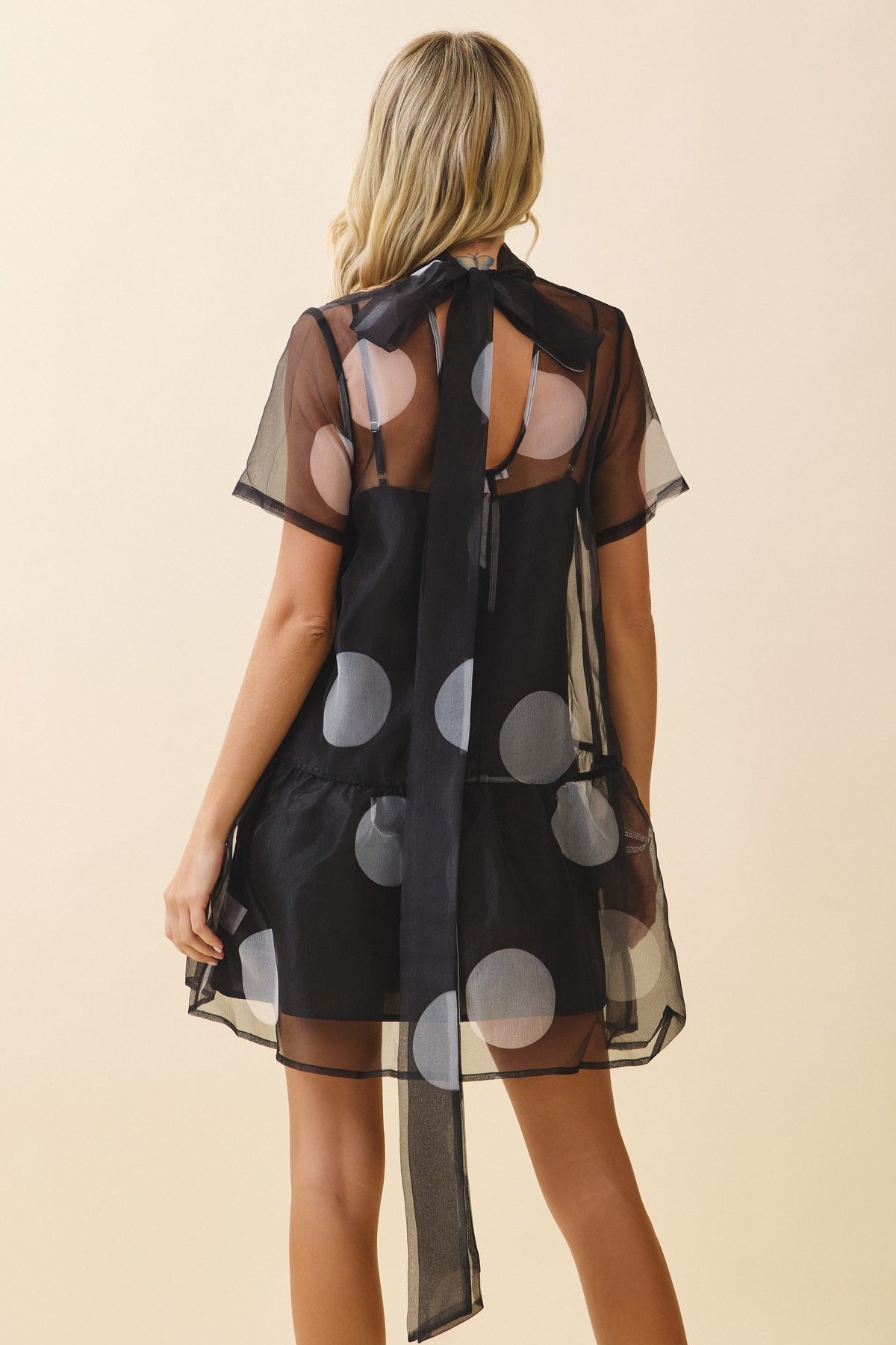 Nyland Giada Sheer Polka Dot High Neckline Self Bow Tie Dress