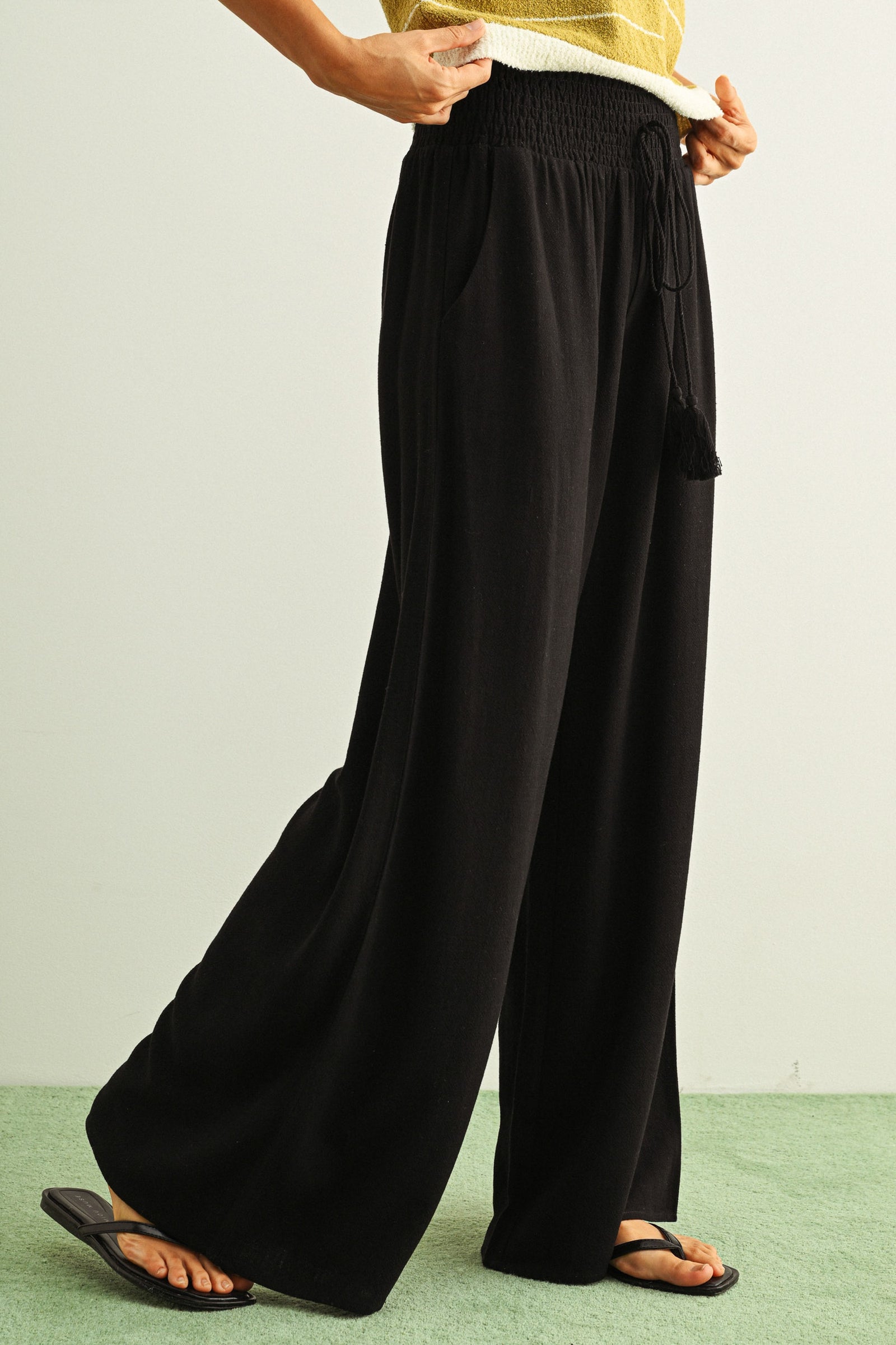 NYLAND Suvi Linen Smocked Waist Pants with Tassel