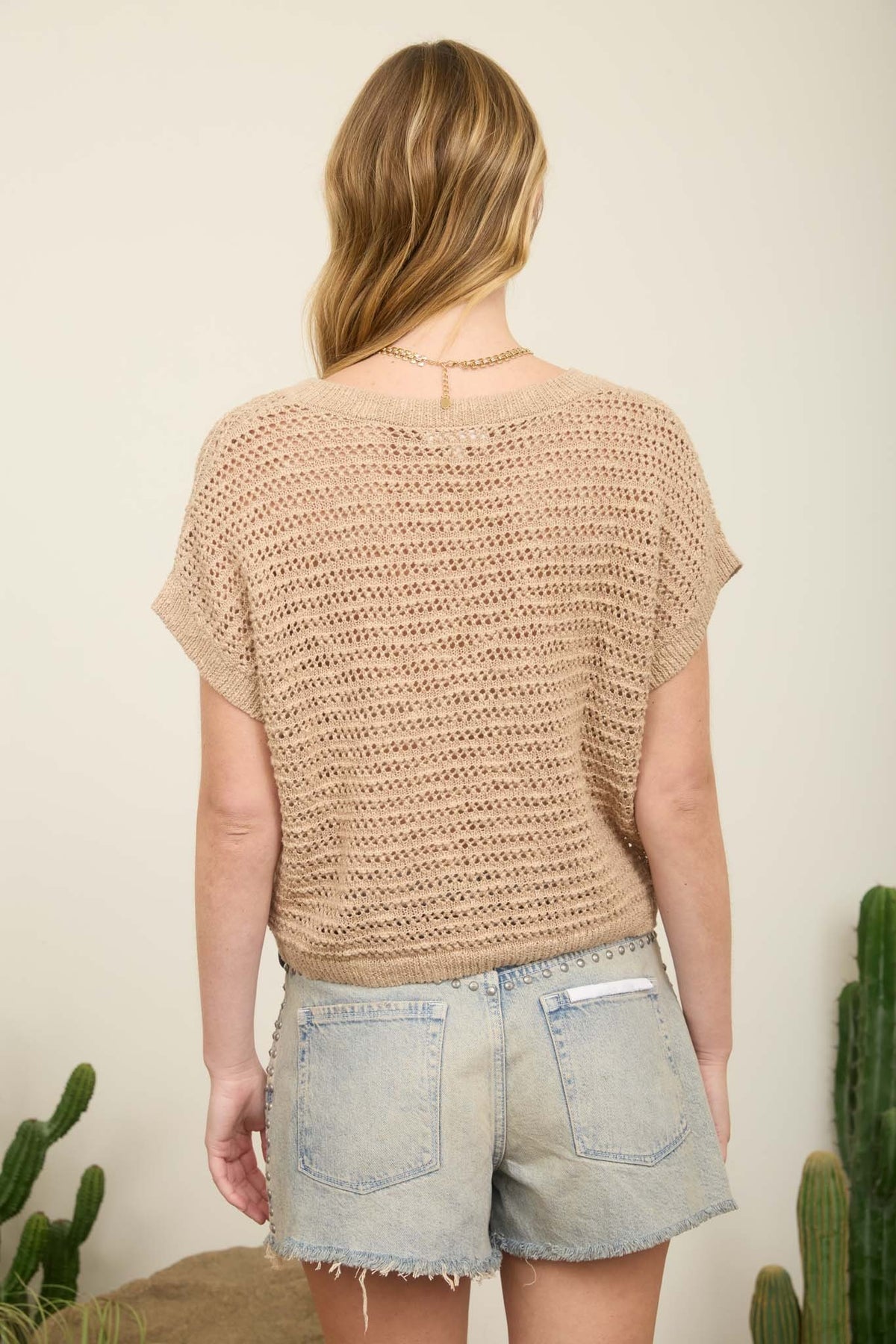 NYLAND Holly Lace Up Neckline Crochet Knit Short Sleeve Top