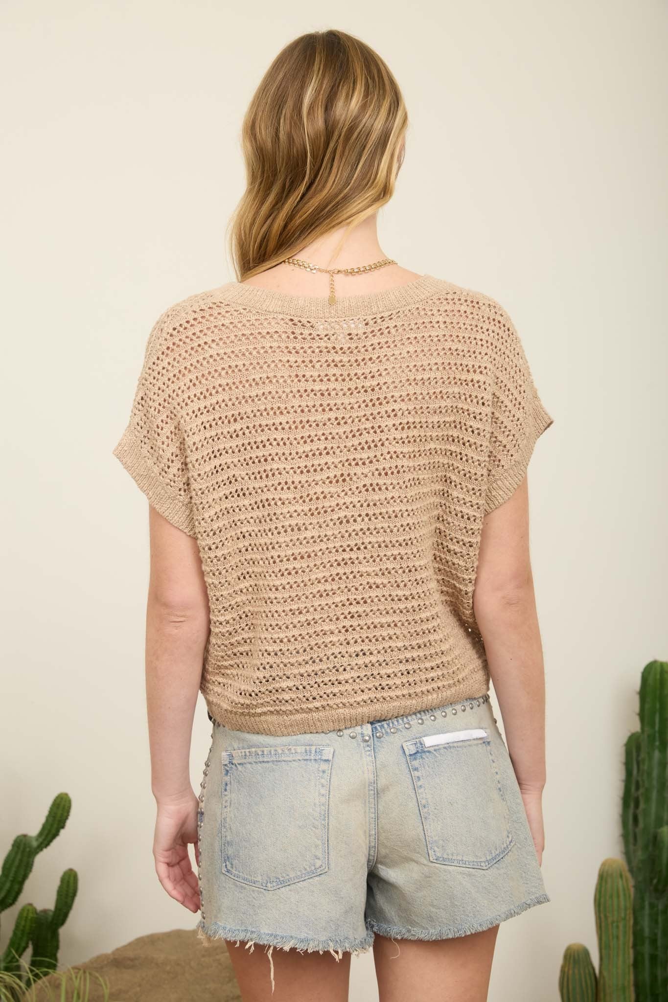 NYLAND Holly Lace Up Neckline Crochet Knit Short Sleeve Top