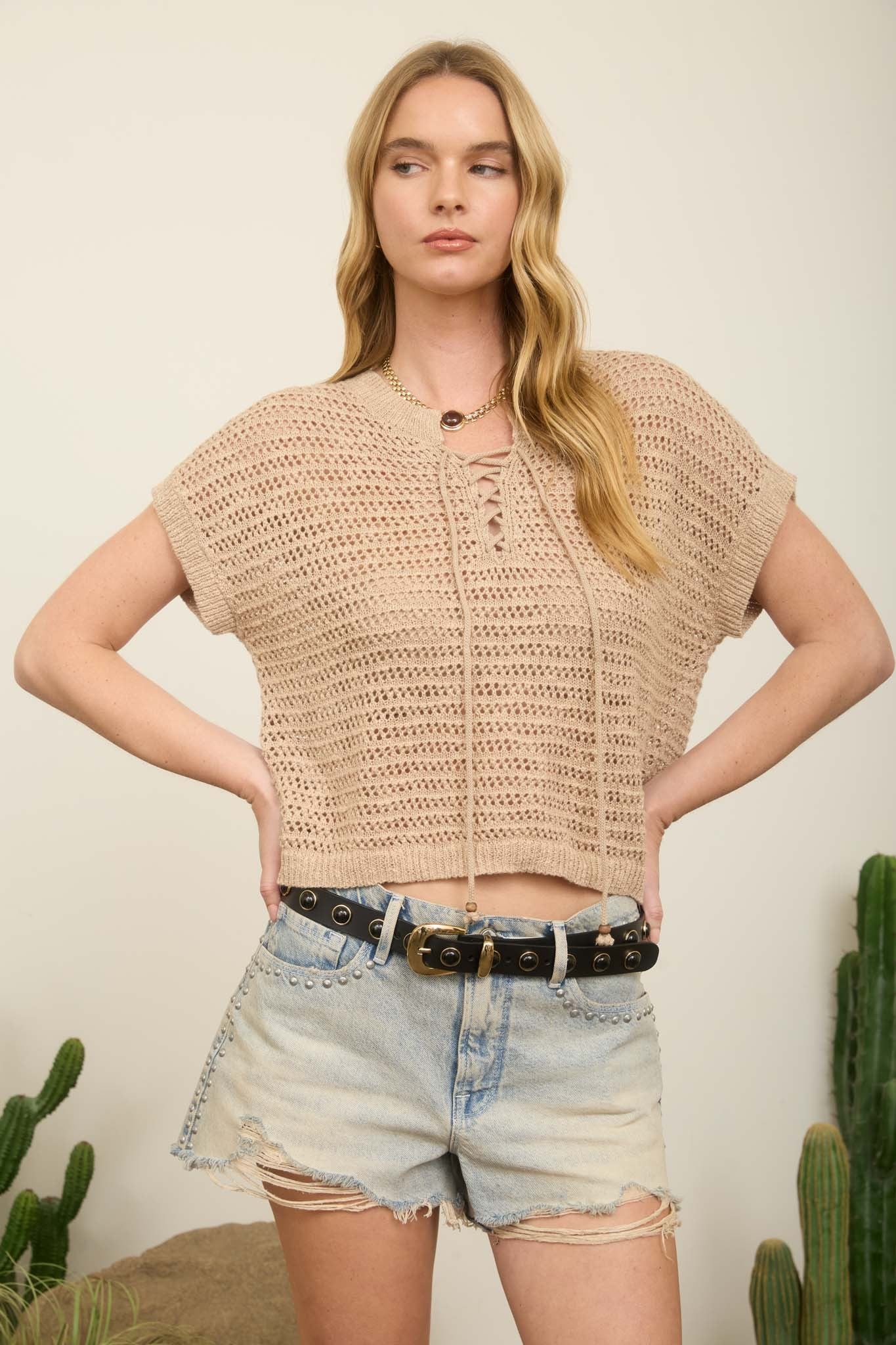 NYLAND Holly Lace Up Neckline Crochet Knit Short Sleeve Top