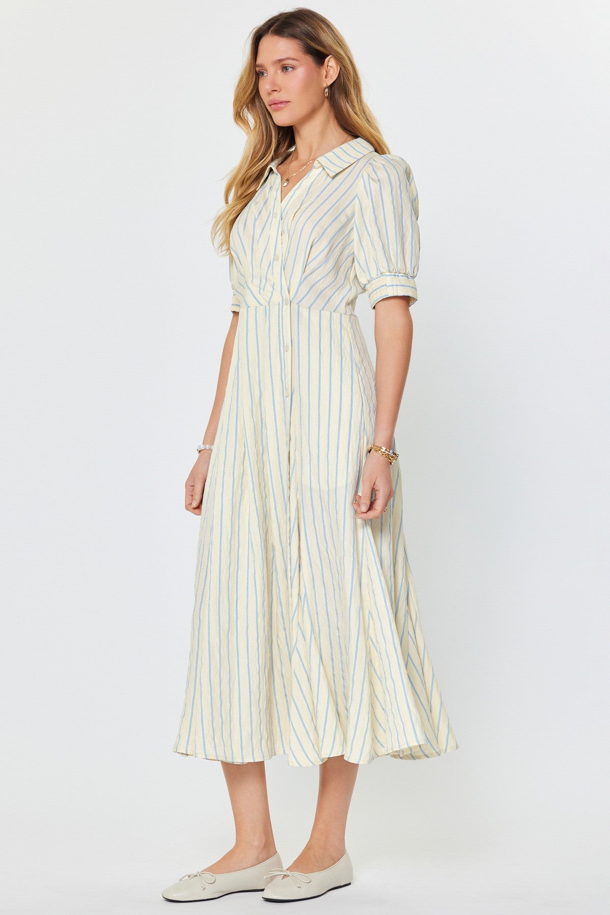 NYLAND Kyla Striped Asymmetric Button Down Midi Dress Ivory Blue / M
