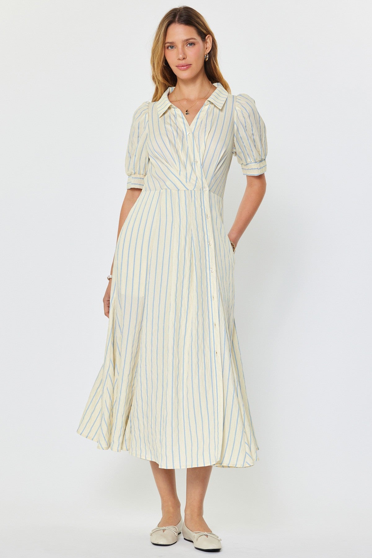 NYLAND Kyla Striped Asymmetric Button Down Midi Dress