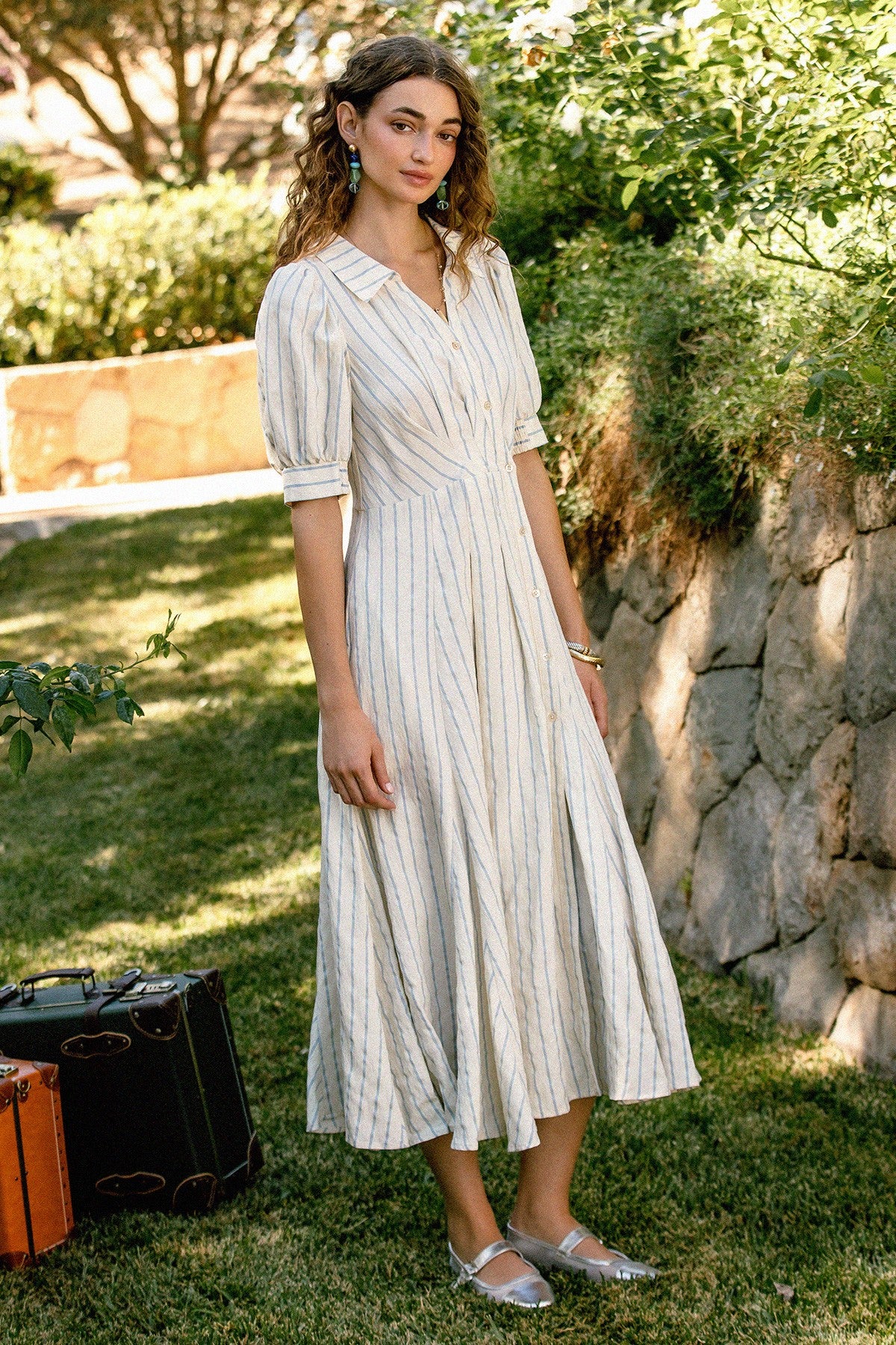 NYLAND Kyla Striped Asymmetric Button Down Midi Dress Ivory Blue / M