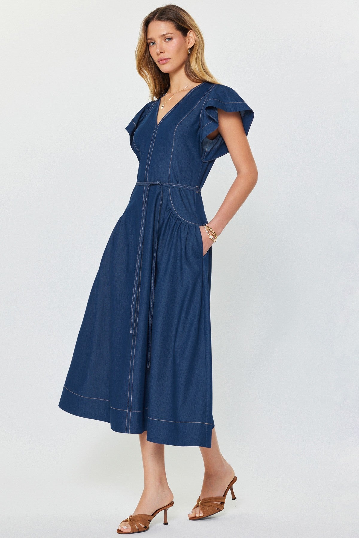 denim midi dress with sleeves Buy Sosandar Blue Fit & Flare Buckle Detail from Next USA Designed to transition from casual days to event Next's denim midi dress is