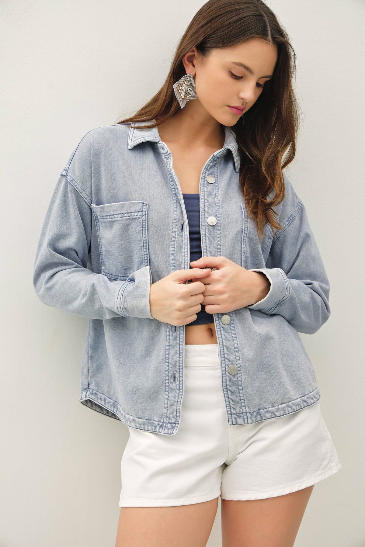 NYLAND Gertie Garment-dye Knit Denim Crop Shacket