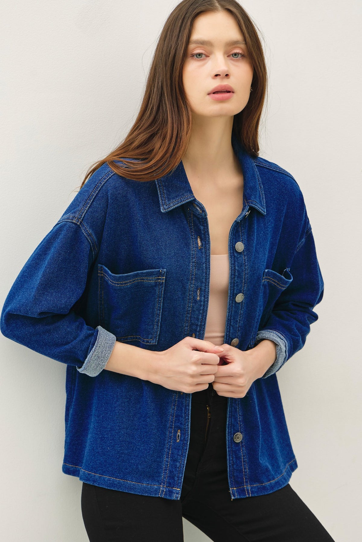 NYLAND Gertie Garment-dye Knit Denim Crop Shacket