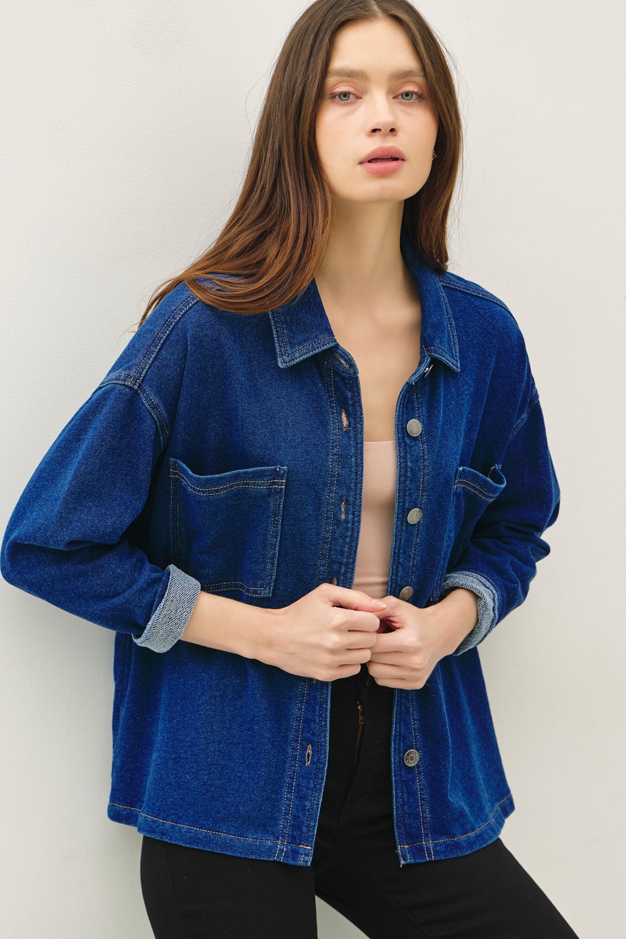 NYLAND Gertie Garment-dye Knit Denim Crop Shacket