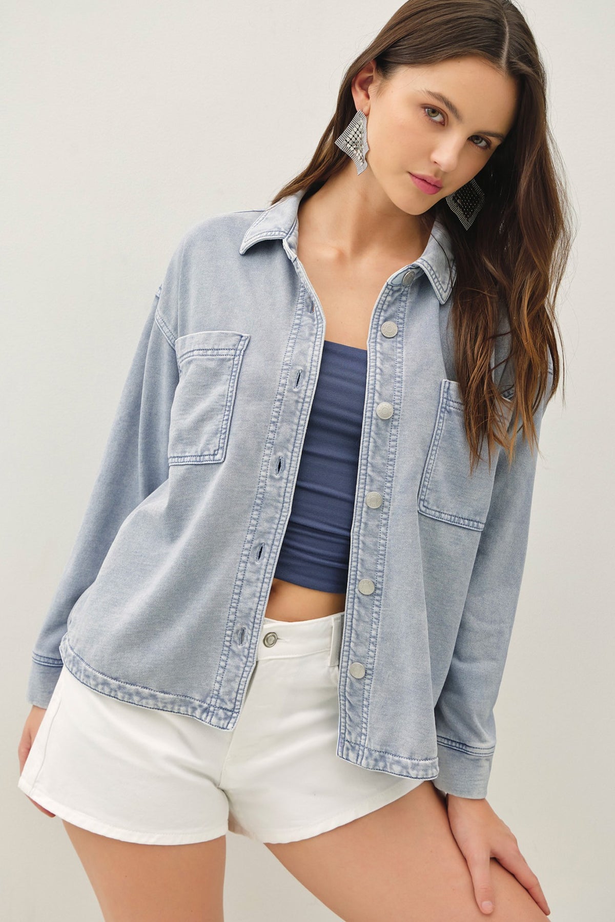 NYLAND Gertie Garment-dye Knit Denim Crop Shacket