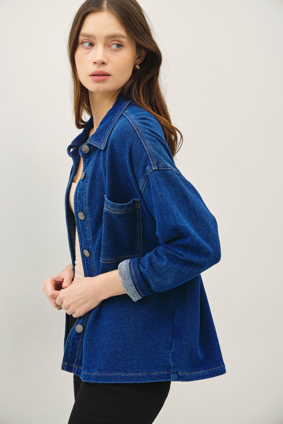 NYLAND Gertie Garment-dye Knit Denim Crop Shacket