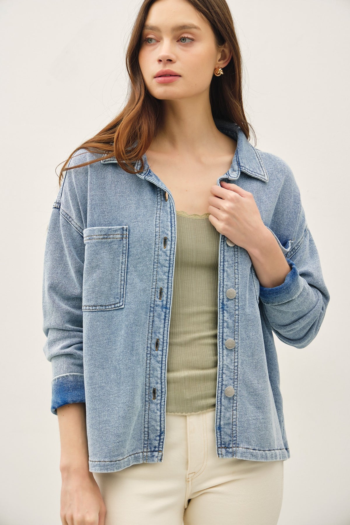 NYLAND Gertie Garment-dye Knit Denim Crop Shacket