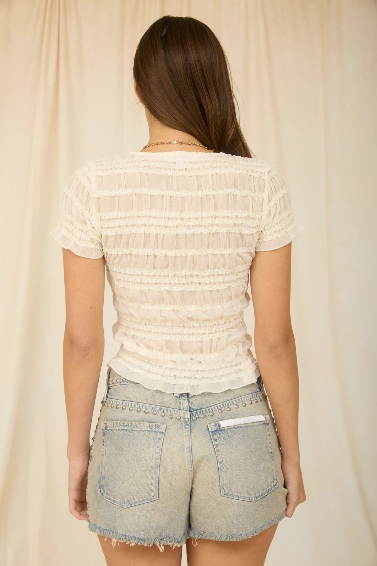 NYLAND Lucia Sheer Shirred Button Down Short Sleeve Knit Top