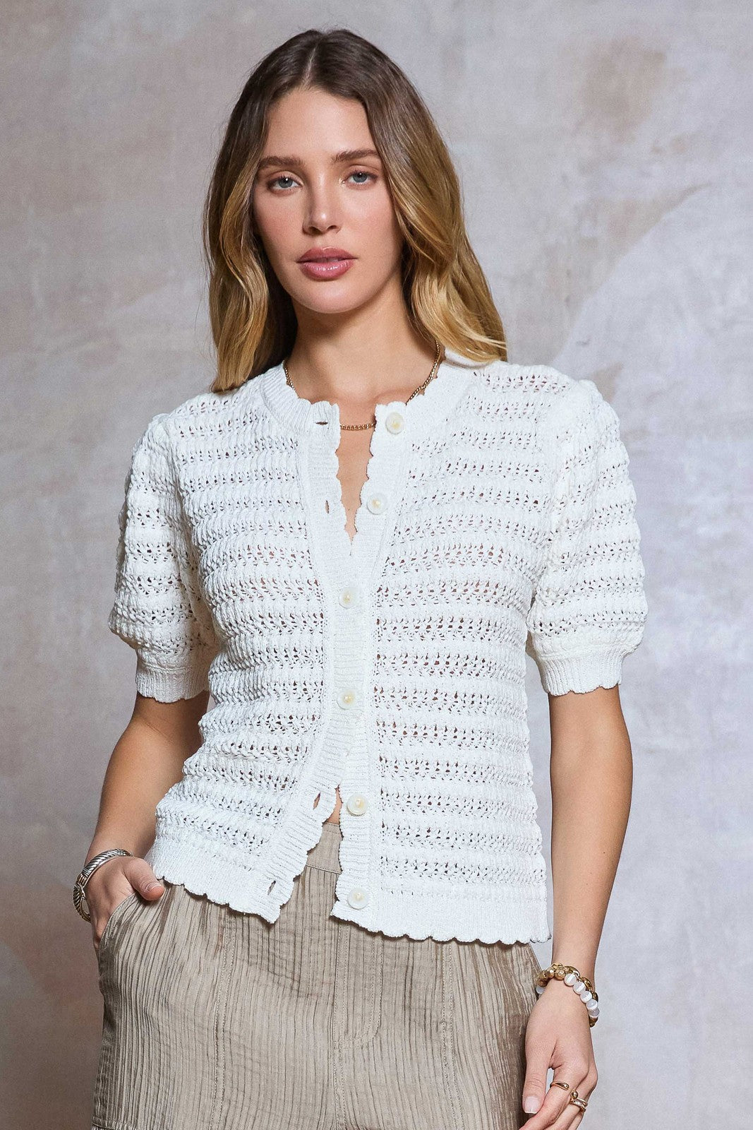 NYLAND Millicent Short Sleeve Crochet Cardigan