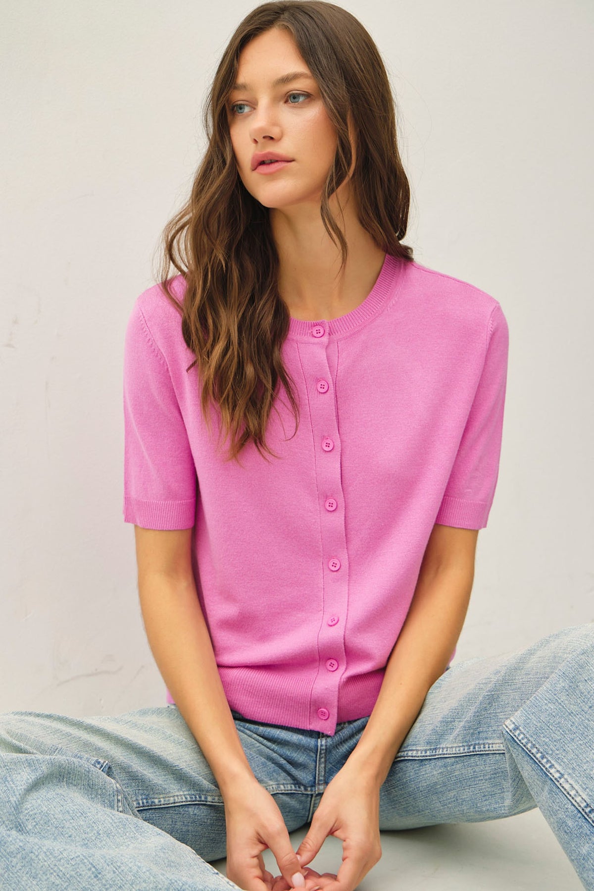 NYLAND Keturah Basic Crew Neck Short Sleeve Cardigan Pink