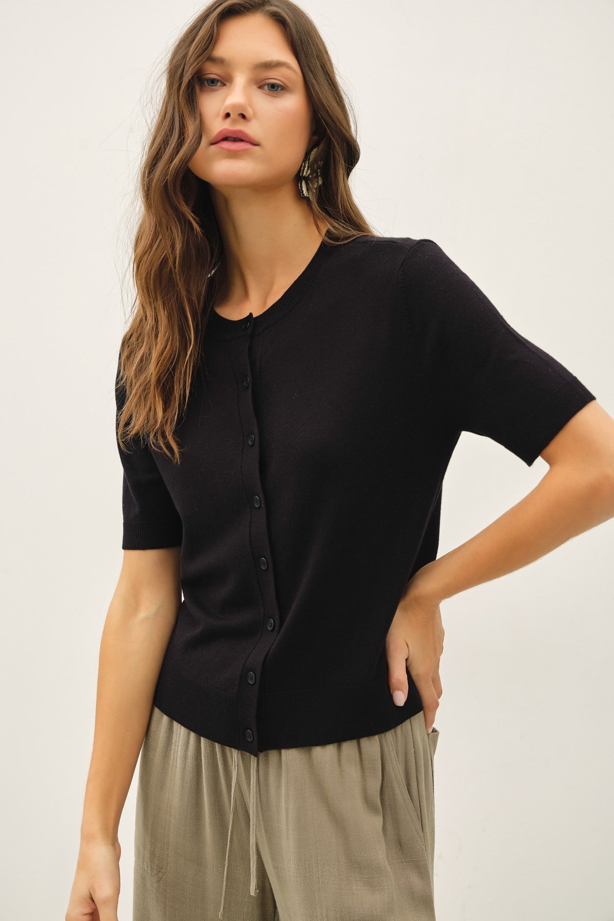 NYLAND Keturah Basic Crew Neck Short Sleeve Cardigan Black