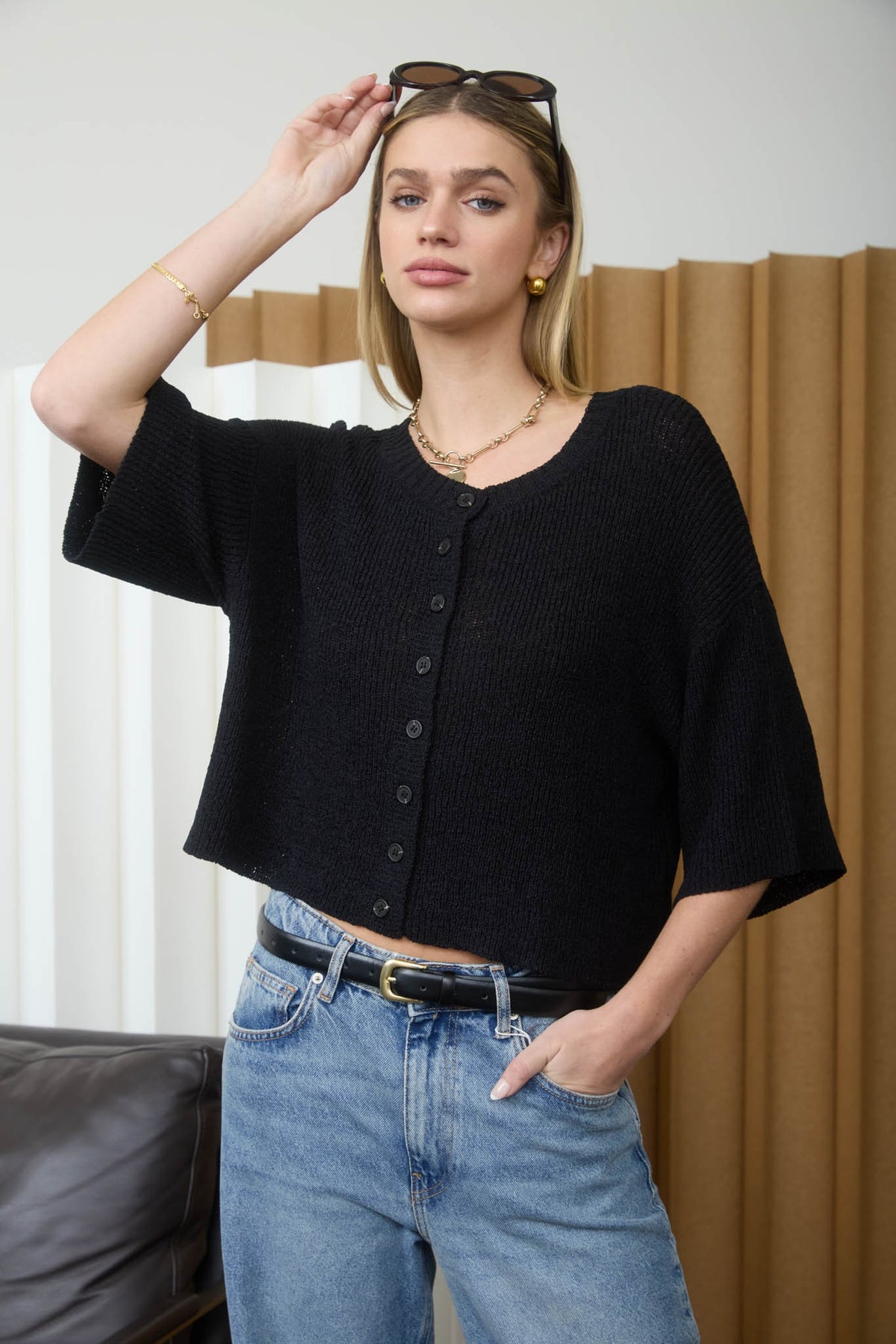 NYLAND Oakley Boxy Short Sleeve Button Down Knit Cardigan Black
