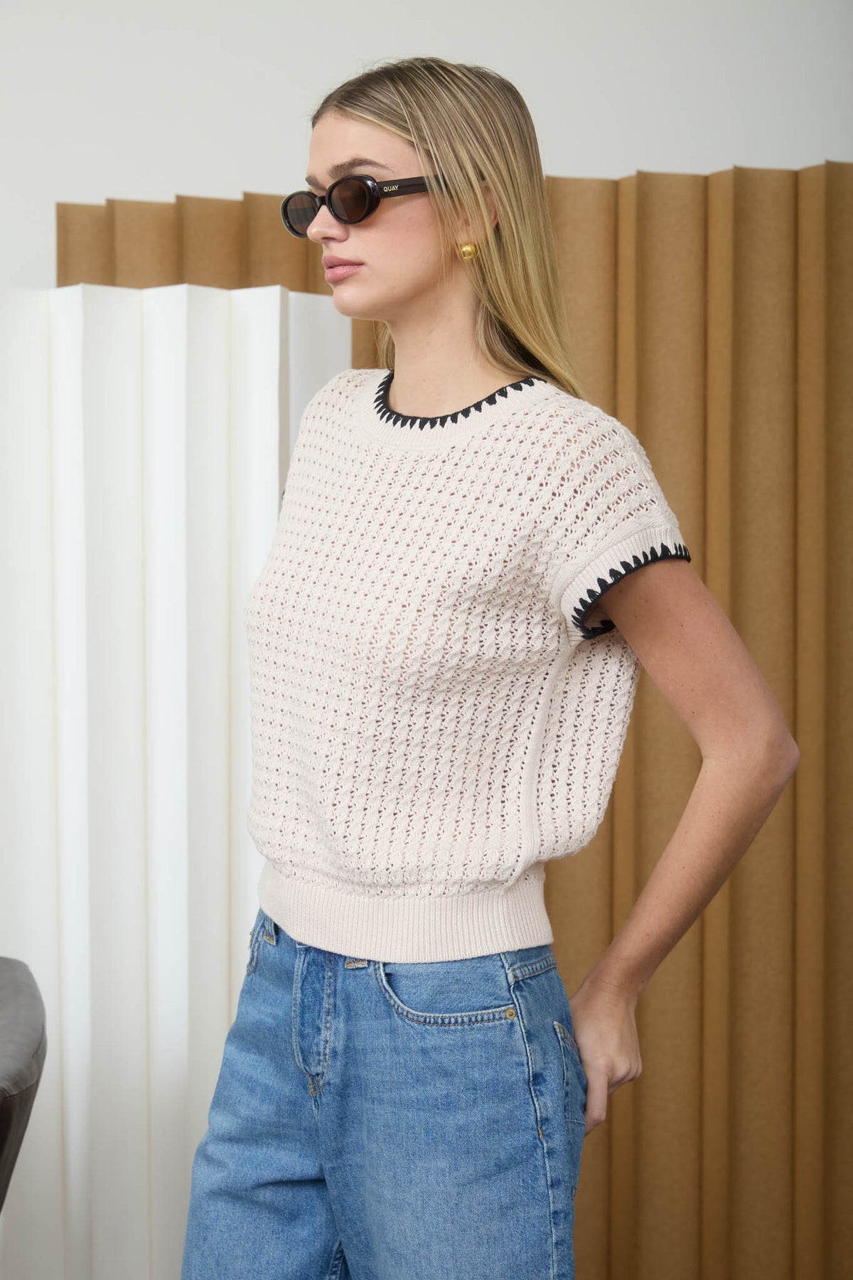 NYLAND Margot Textured Knit Contrast Trim Short Sleeve Sweater