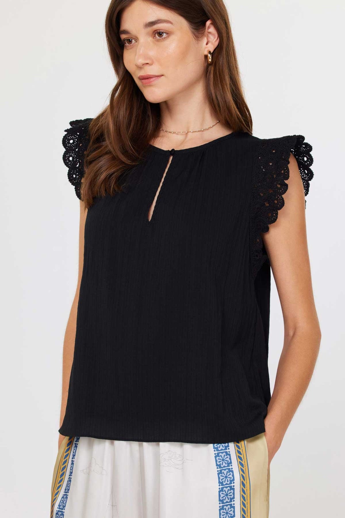 Gild Antoinette Crochet Short Sleeve Blouse Black