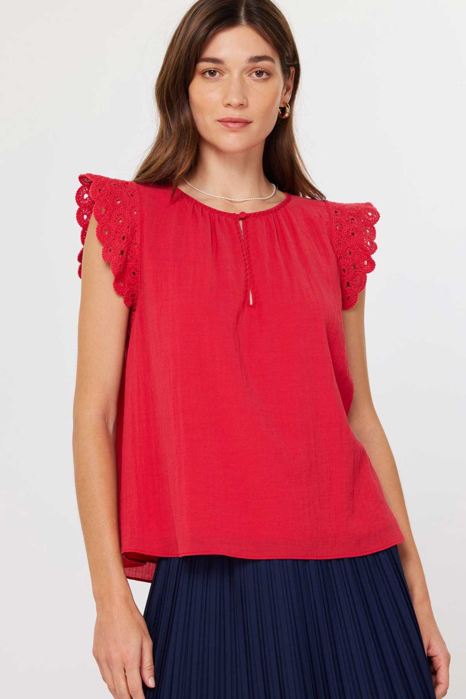 Gild Antoinette Crochet Short Sleeve Blouse Red
