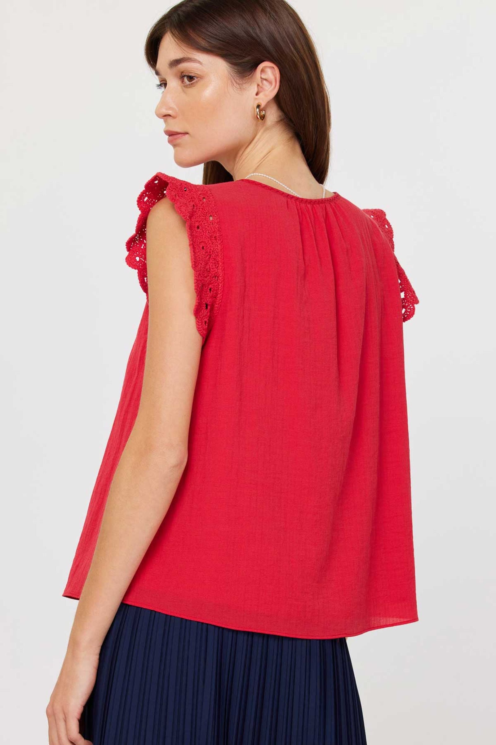 Gild Antoinette Crochet Short Sleeve Blouse Red