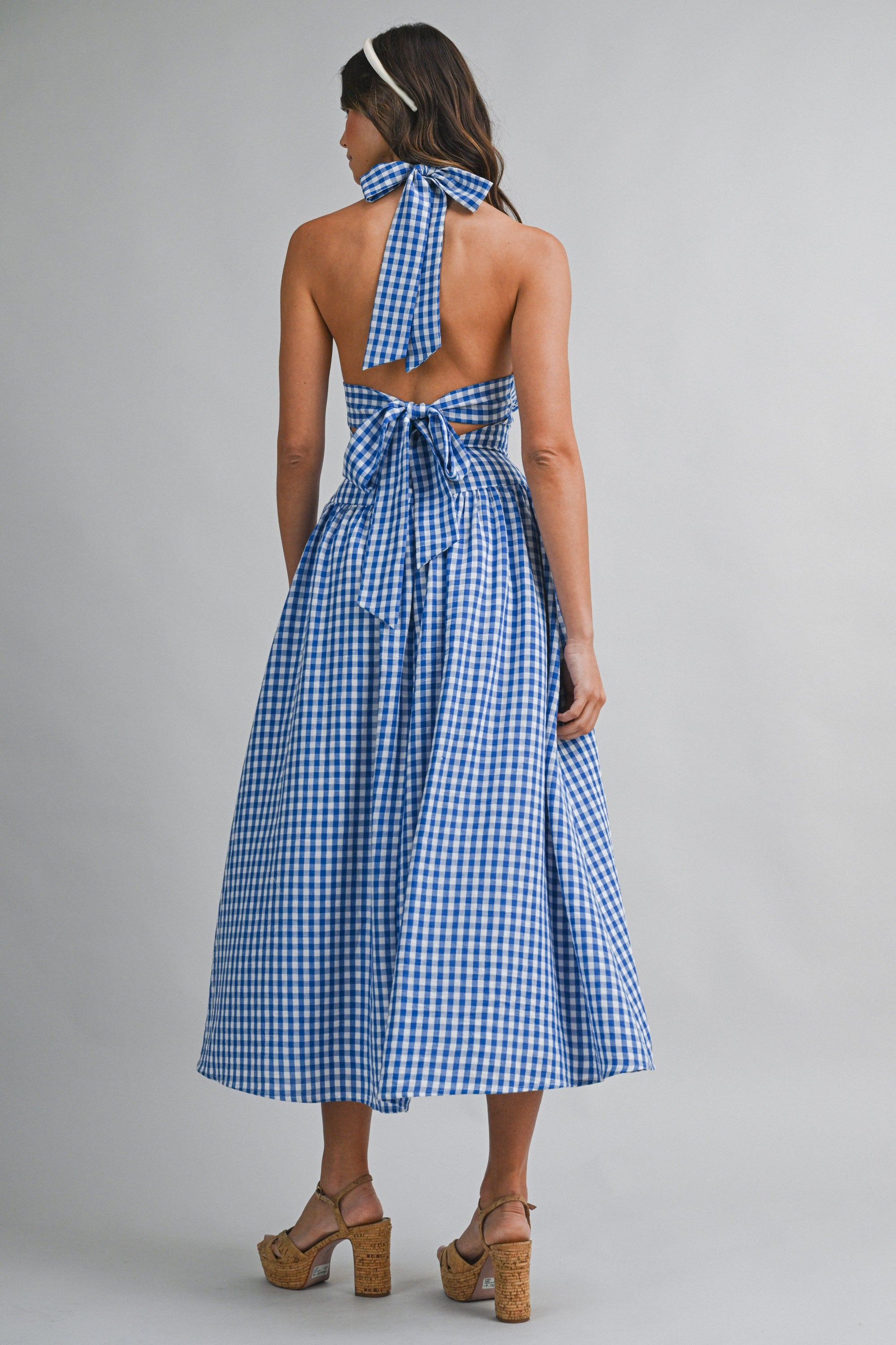DEON Gingham Bow Midi Dress Cobalt Blue / S