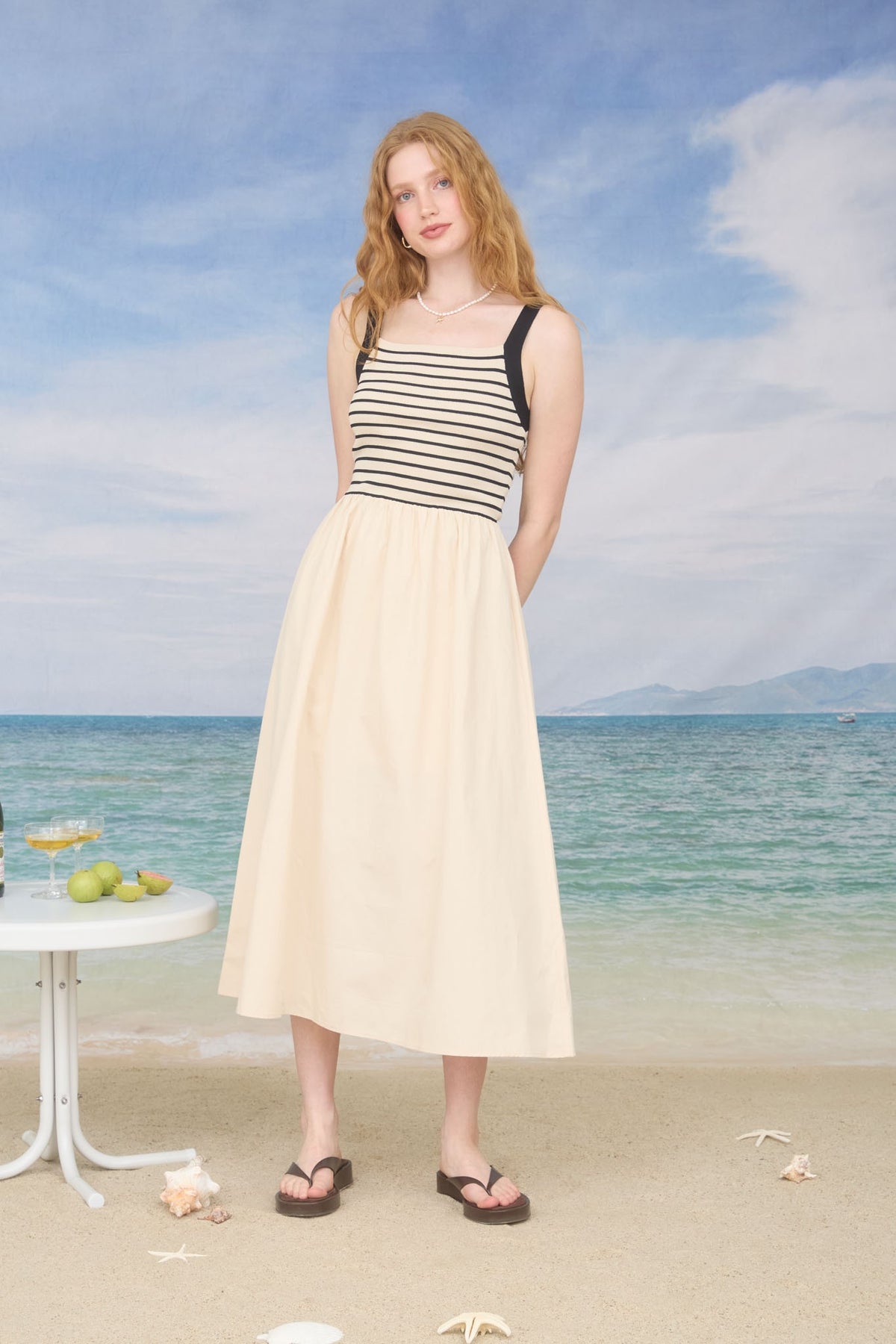 NYLAND Octavia Nautical Stripe Mixed Media Midi Dress in Khaki