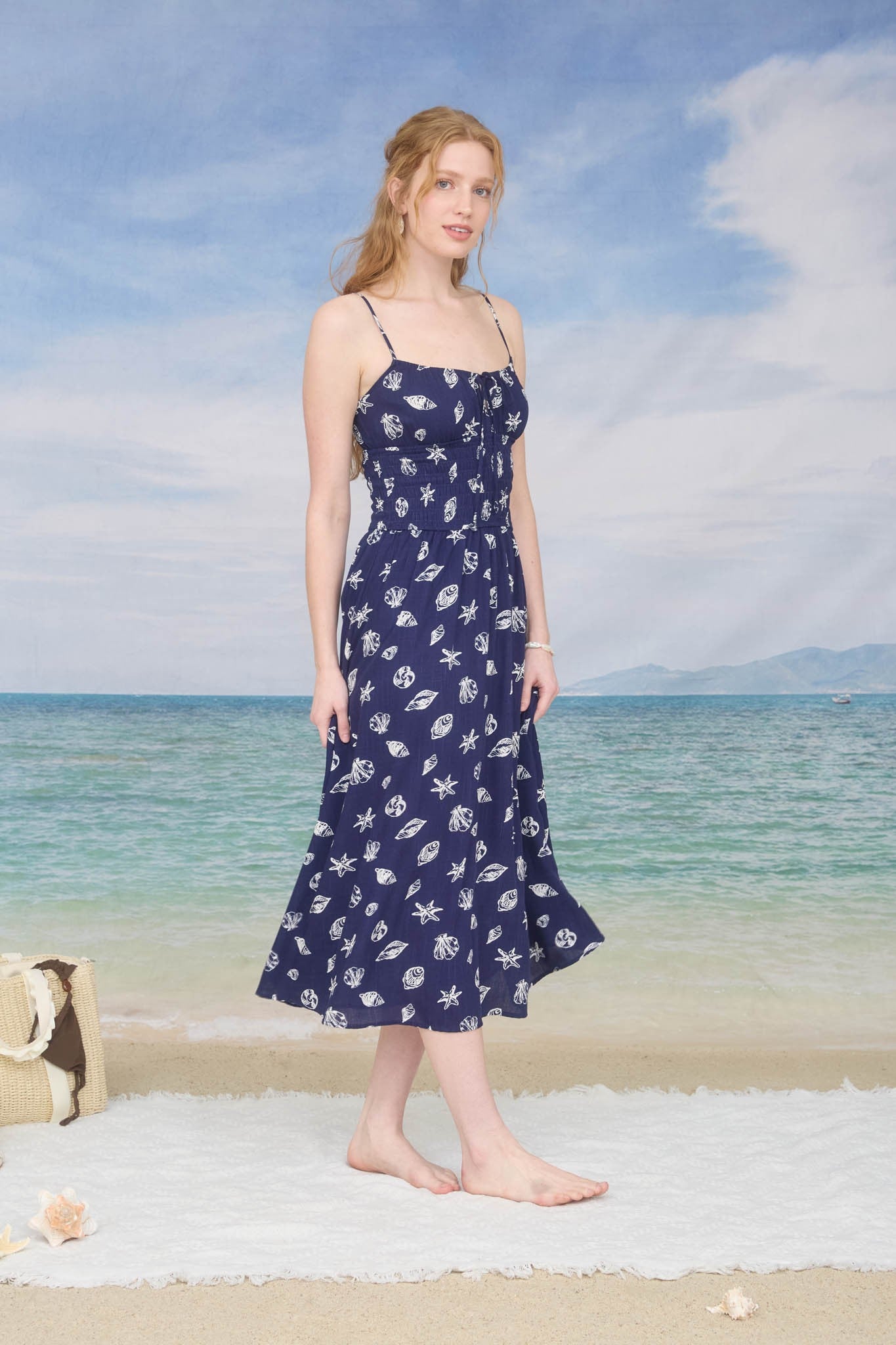NYLAND Kehlani Nautical Motif Spaghetti Strap Shirred Midi Dress Navy / M