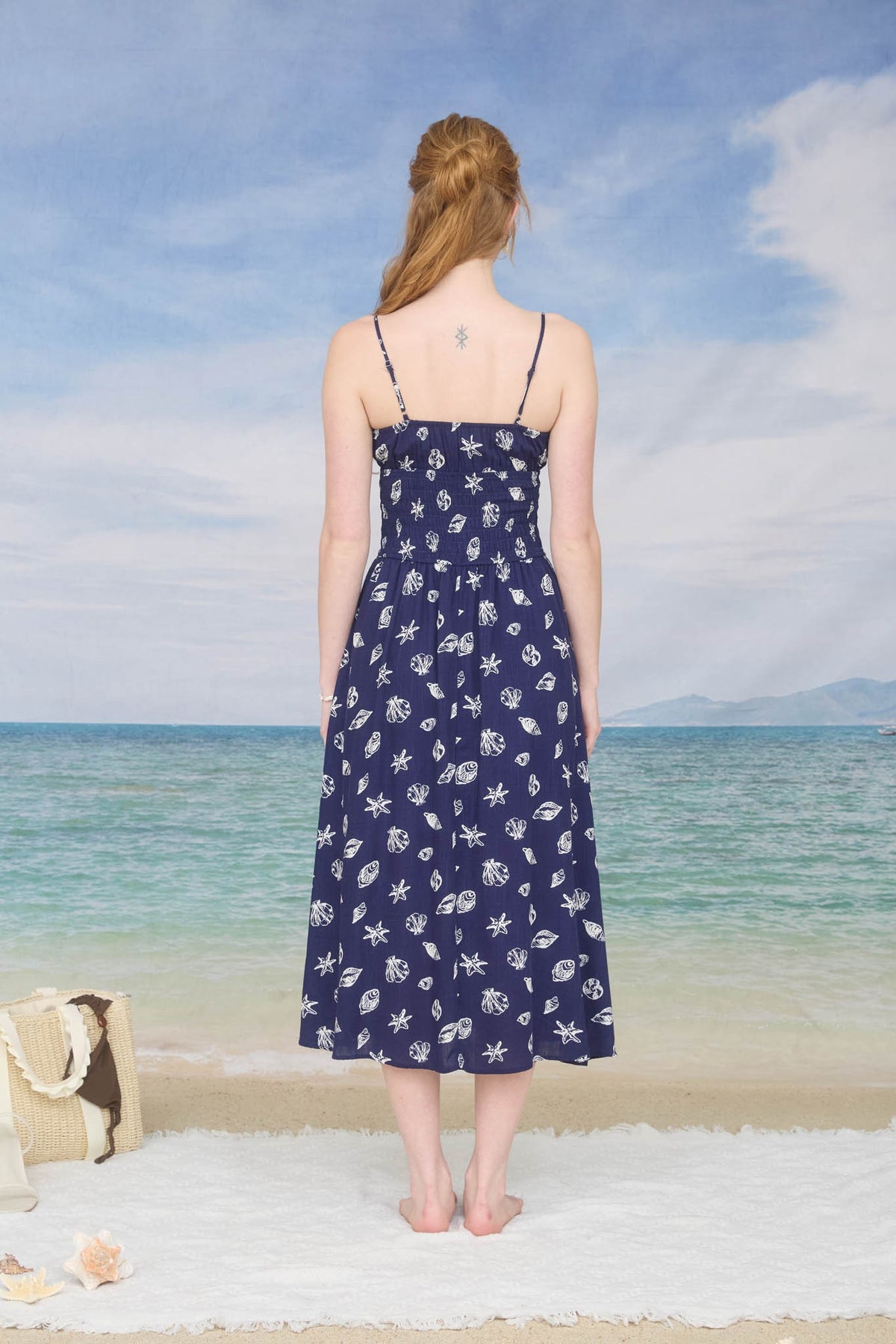 NYLAND Kehlani Nautical Motif Spaghetti Strap Shirred Midi Dress