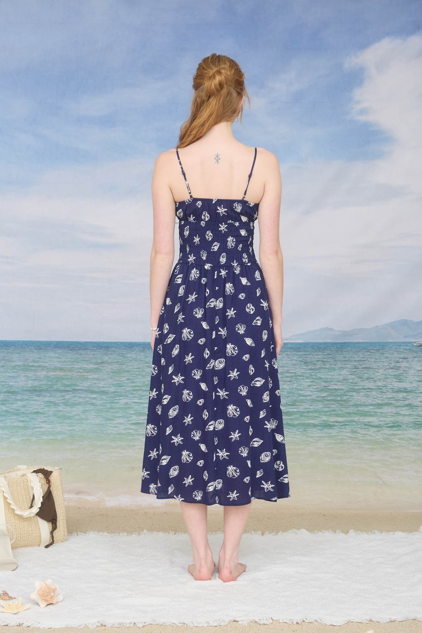 NYLAND Kehlani Nautical Motif Spaghetti Strap Shirred Midi Dress