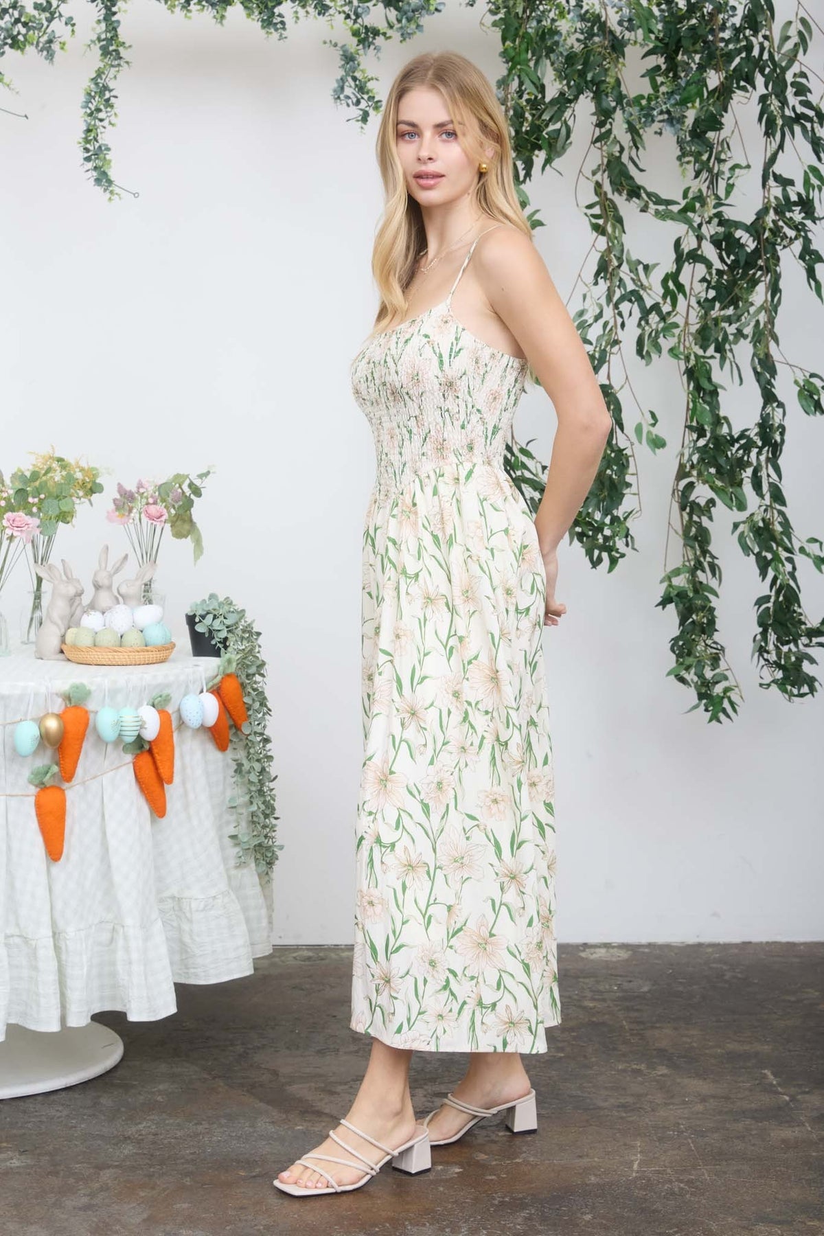 NYLAND Kaylani Floral Smocked Spaghetti Strap Midi Sundress in Ivory Multi
