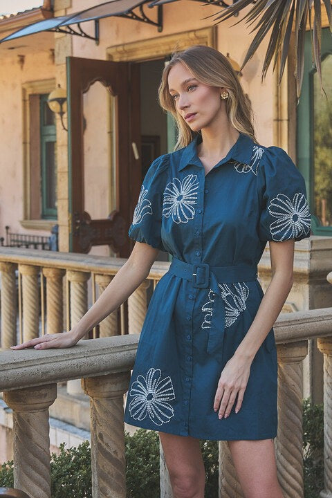 DEON Embroidered Floral Shirt Mini Dress Navy / M