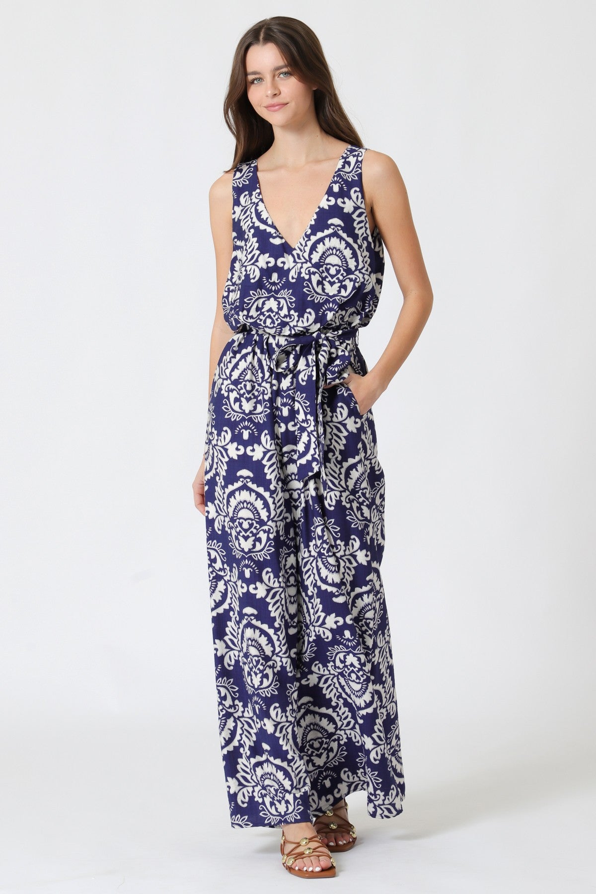 NYLAND Freyja Sleeveless V-Neck Belted Jumpsuit