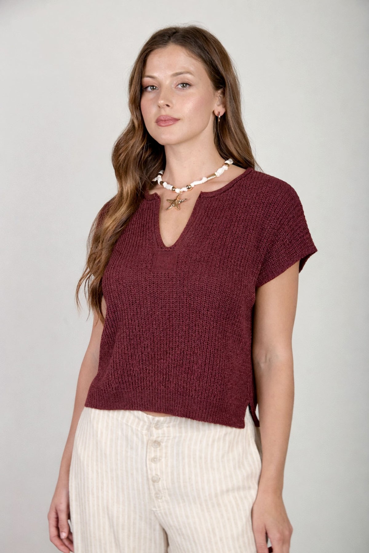 Nyland Kelly Split Neck Batwing Sleeveless Knit Sweater