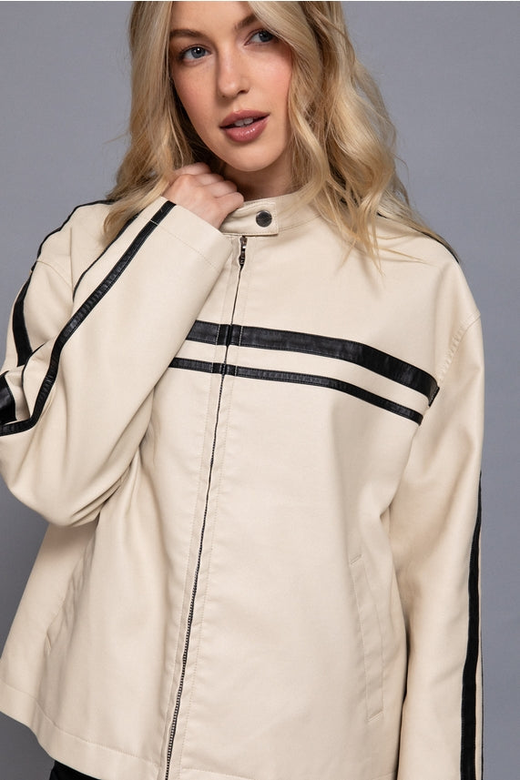 Active Basic Long Sleeve Line Detail Washed Effect Faux Leather Jacket Ecru