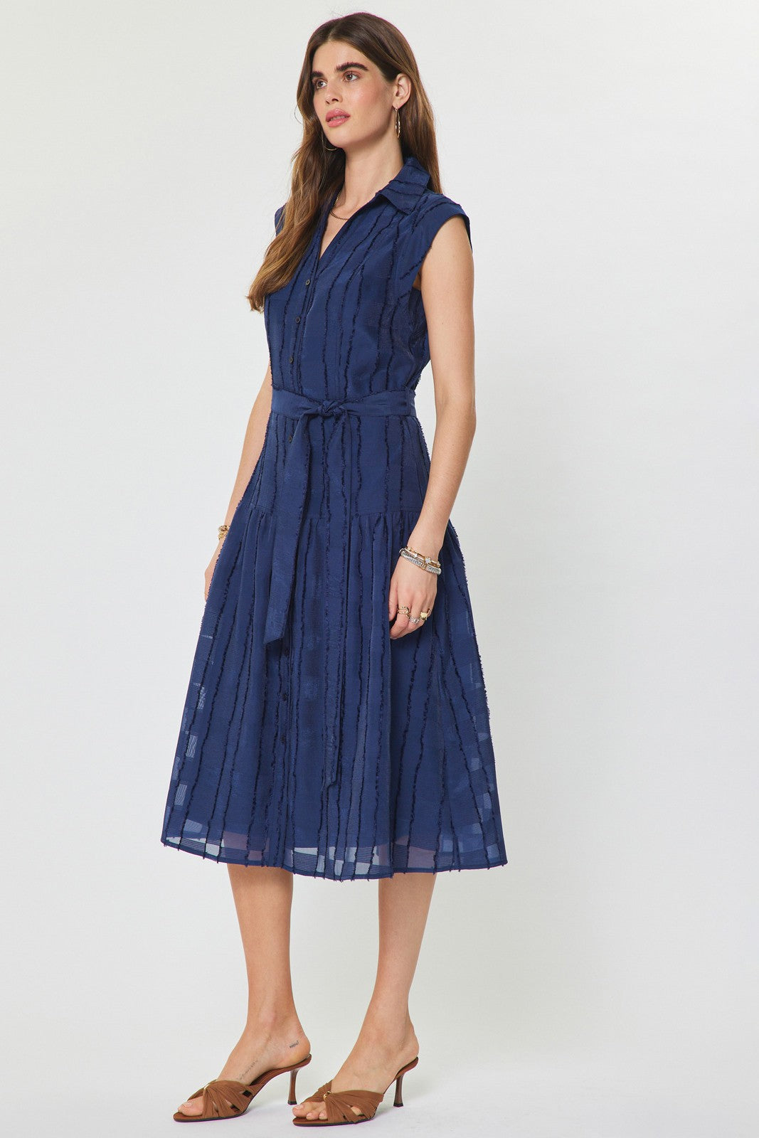 NYLAND Amaya Textured Checkered Button Down Sleeveless Midi Dress