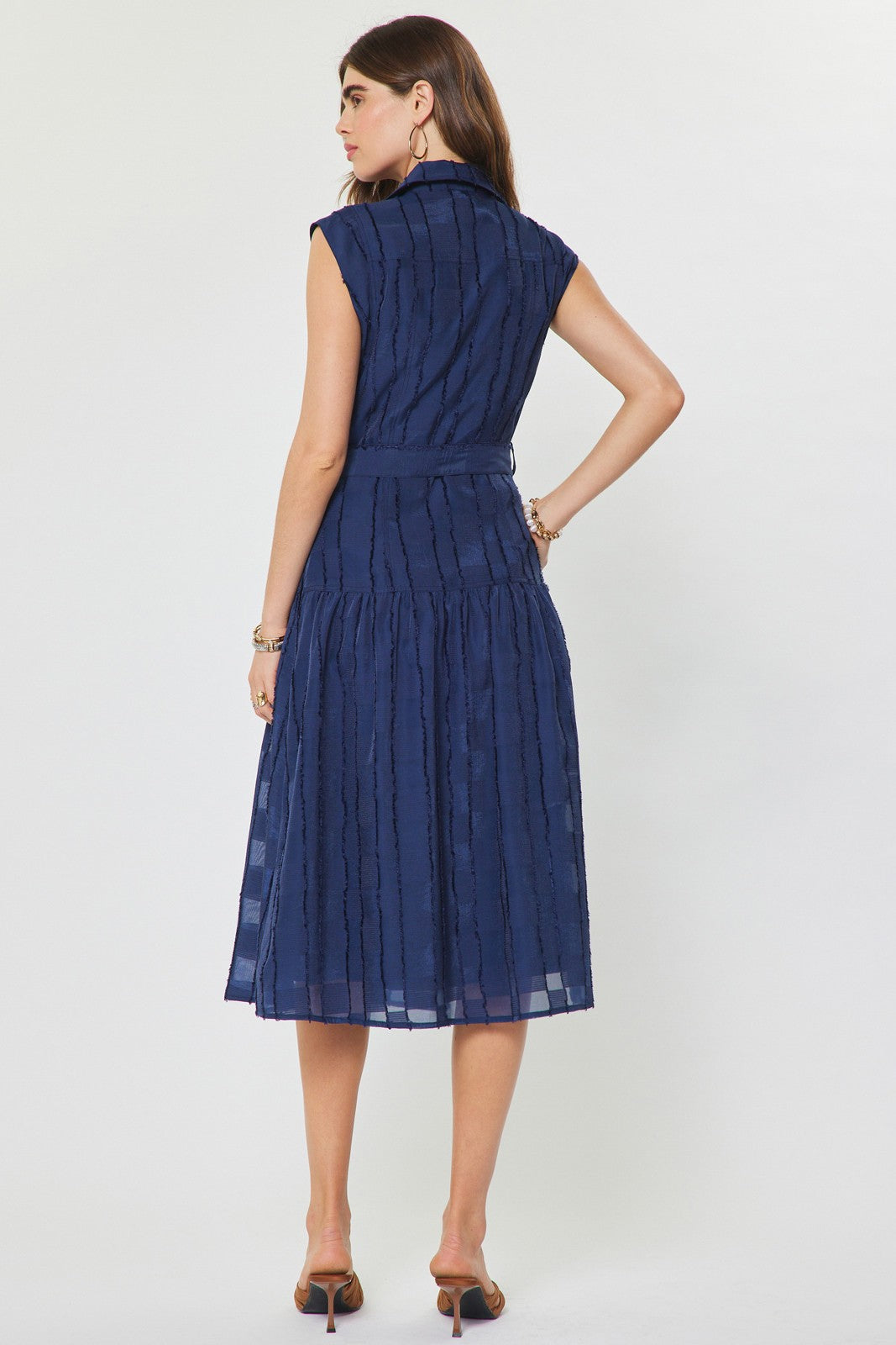 NYLAND Amaya Textured Checkered Button Down Sleeveless Midi Dress