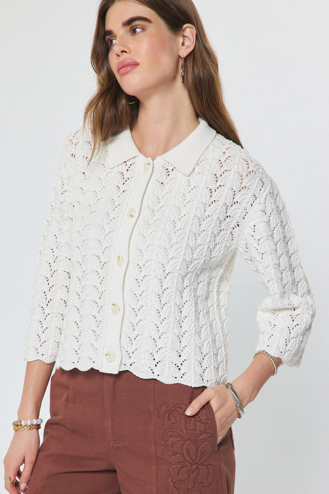 NYLAND Winona 3/4 Sleeve Cotton Open Knit Cardigan