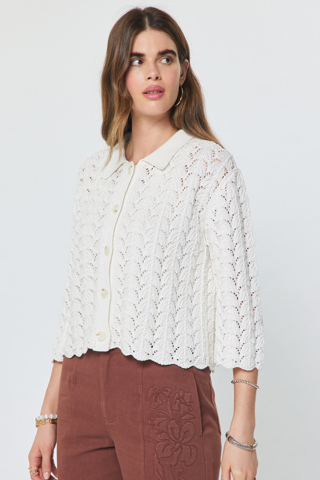 NYLAND Winona 3/4 Sleeve Cotton Open Knit Cardigan